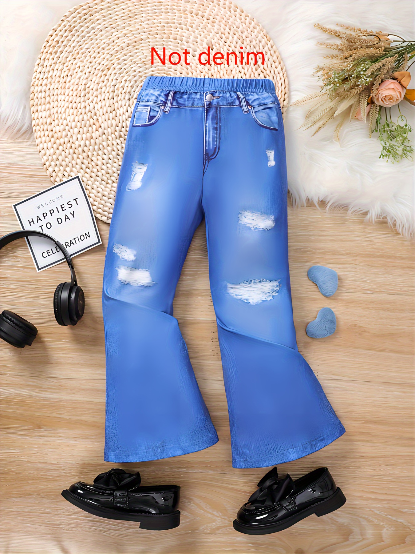 Girls Stretchy Imitation Denim Print Allover Print Flared Jeans Casual  Pants With Digital Print, Fits For Toddlers Kids
