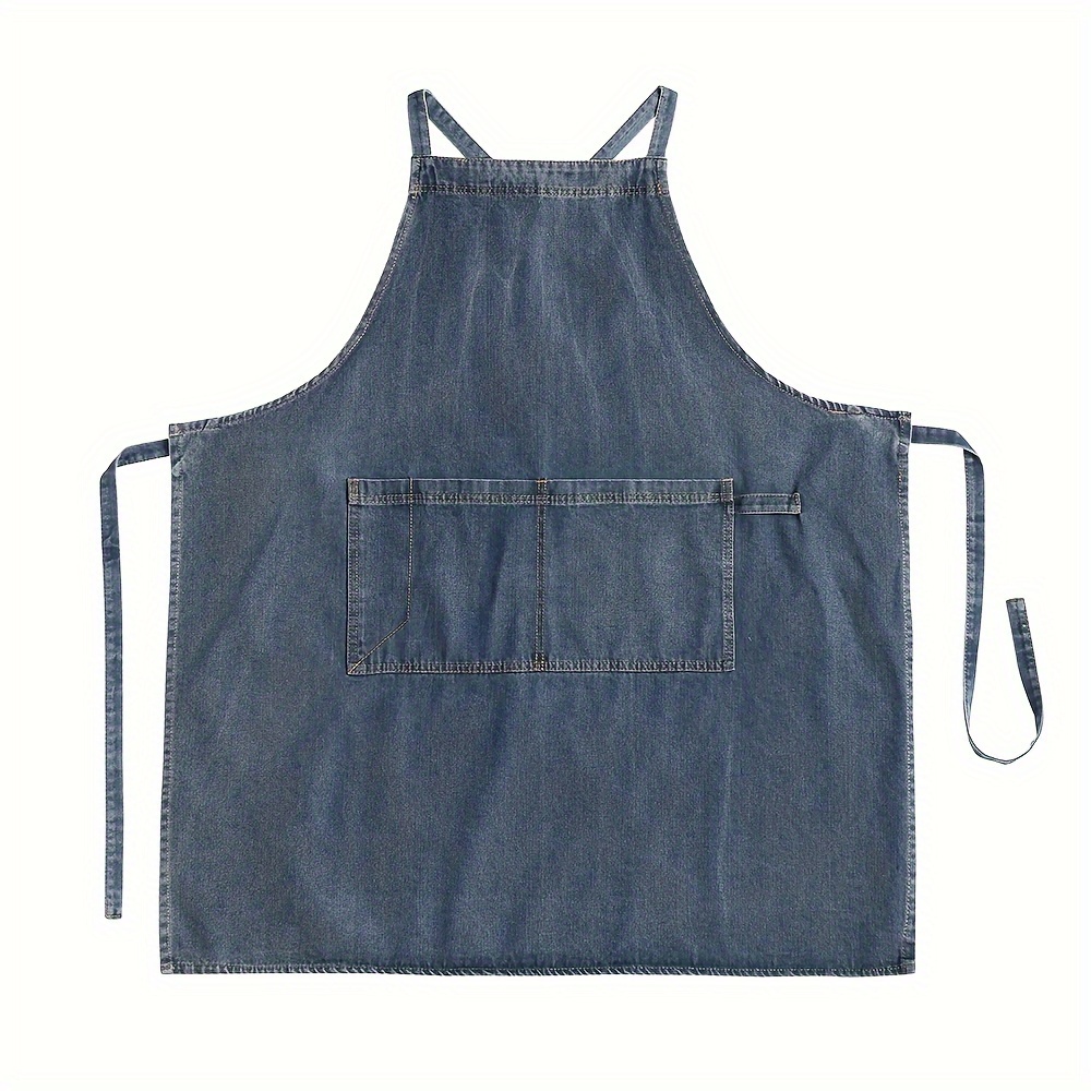 TEMU 1pc Delantal De Denim Resistente Con Bolsillos - Resistente A Manchas, Cintura Ajustable Para Cocinar, Jardinería Y Manualidades