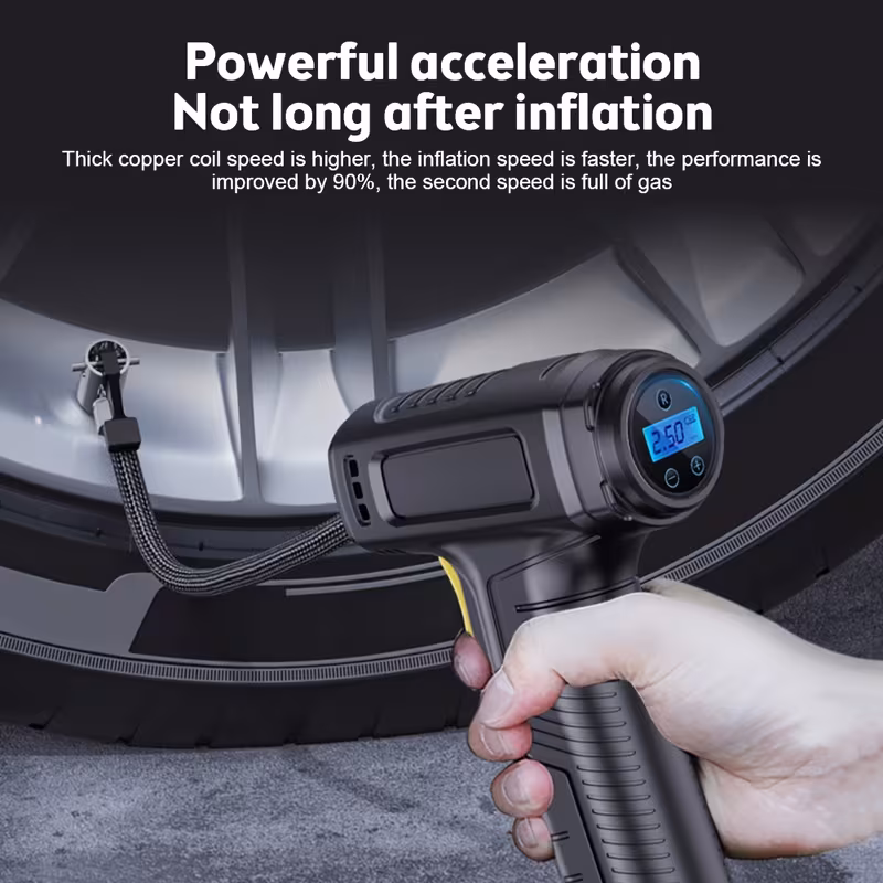 a compact air compressor for inflating tires this cordless perfect for cars motorcycles and bicycles it features pressure gauge and an led light making it ideal for tires and balloons details 6