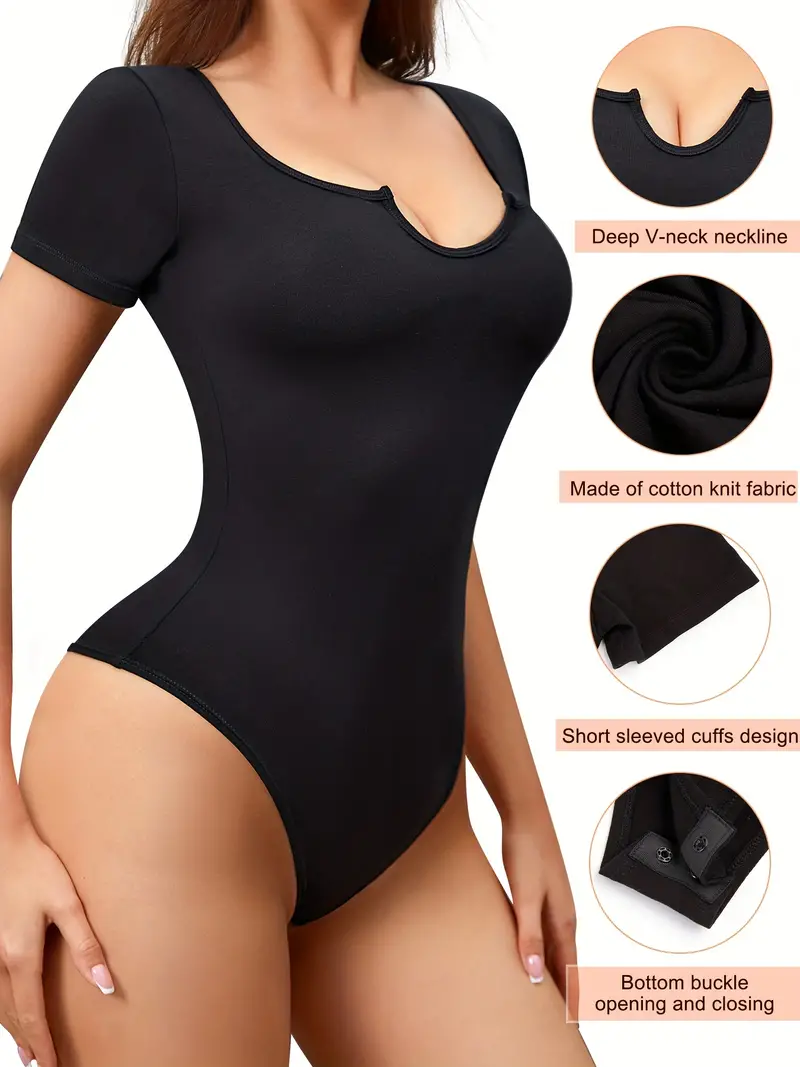 Solid Square Neck Tight Bodysuit, Concise One-piece Short Sleeve Shapewear  Bodycon, Women's Underwear & Lingerie