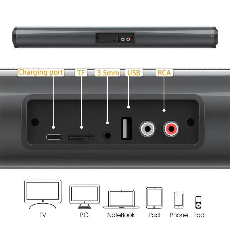 Barra de sonido envolvente, sonido inalámbrico, Altavoz estéreo para TV:  actualice su sistema de cine en casa, AUX, TF, radio FM, etc