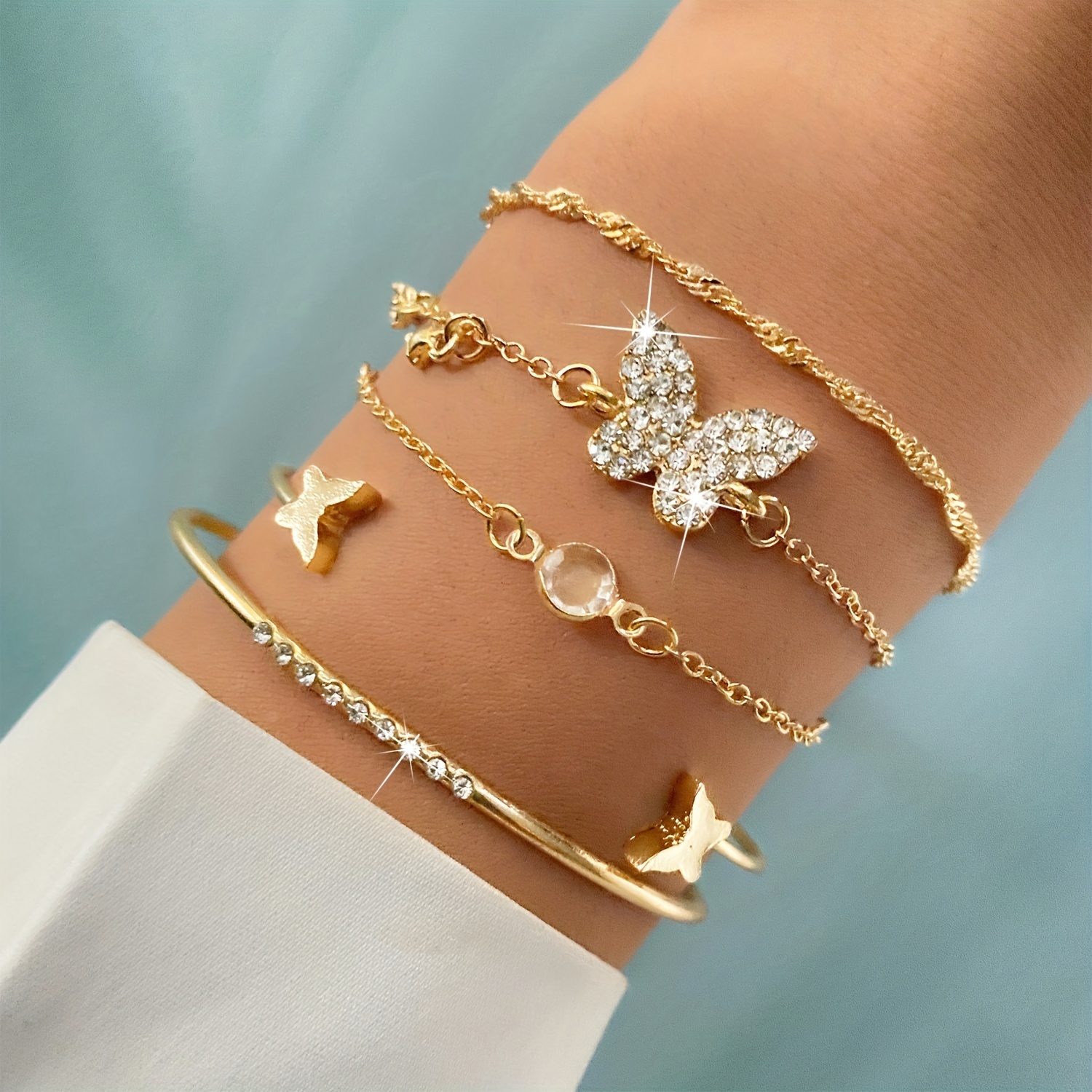 

5pcs/set Butterfly Rhinestone Bracelet Cuff Bangle Animal Design Jewelry For Women