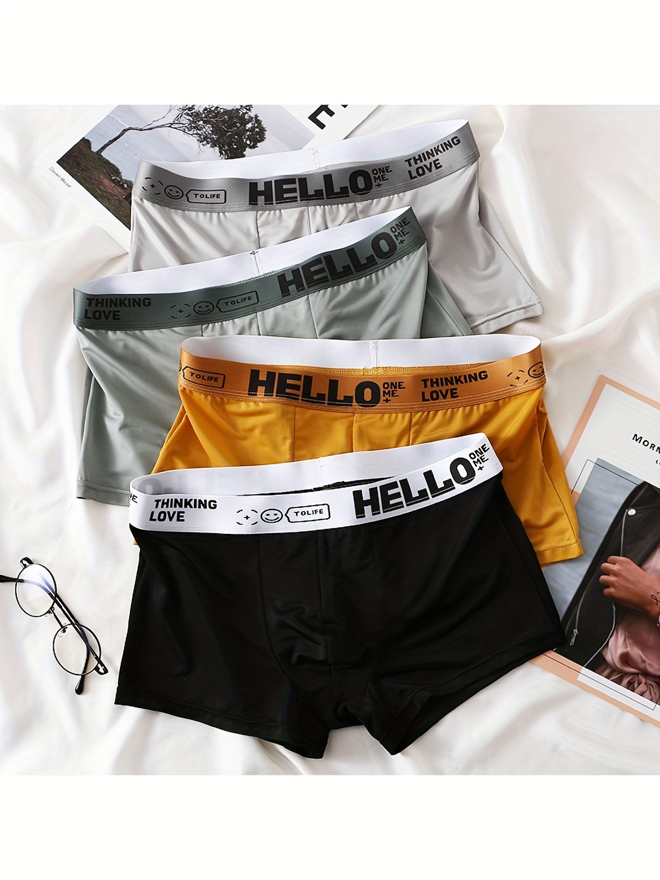 4pcs Men's Solid Color Ice Silk Thin Letter Pattern Mixed Color Slight  Stretch Boxers Briefs Underwear