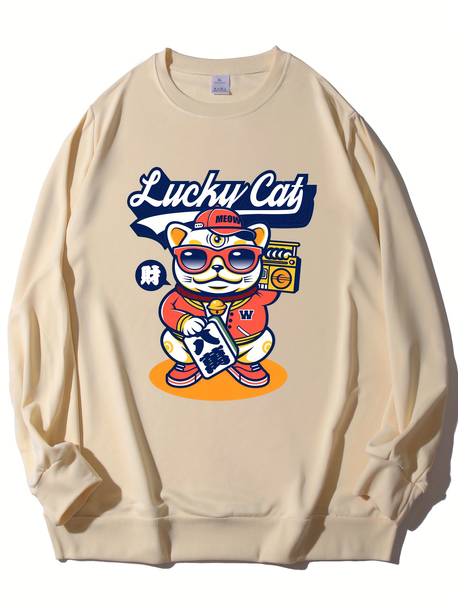 Cartoon Lucky Cat Print Trendy Sweatshirt Men s Casual Temu