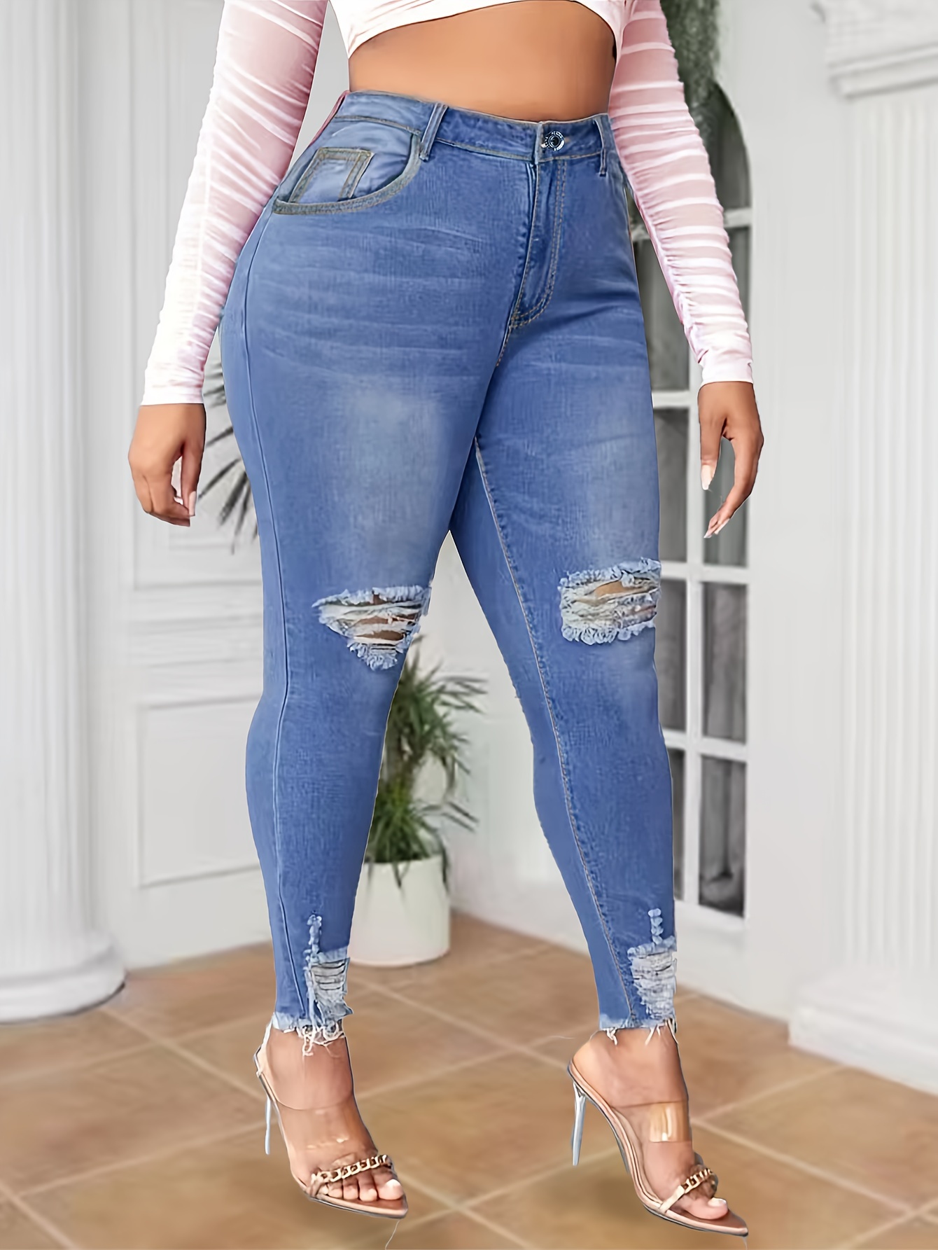 Women's Casual Jeans Plus Size Washed Blue High - Temu Canada
