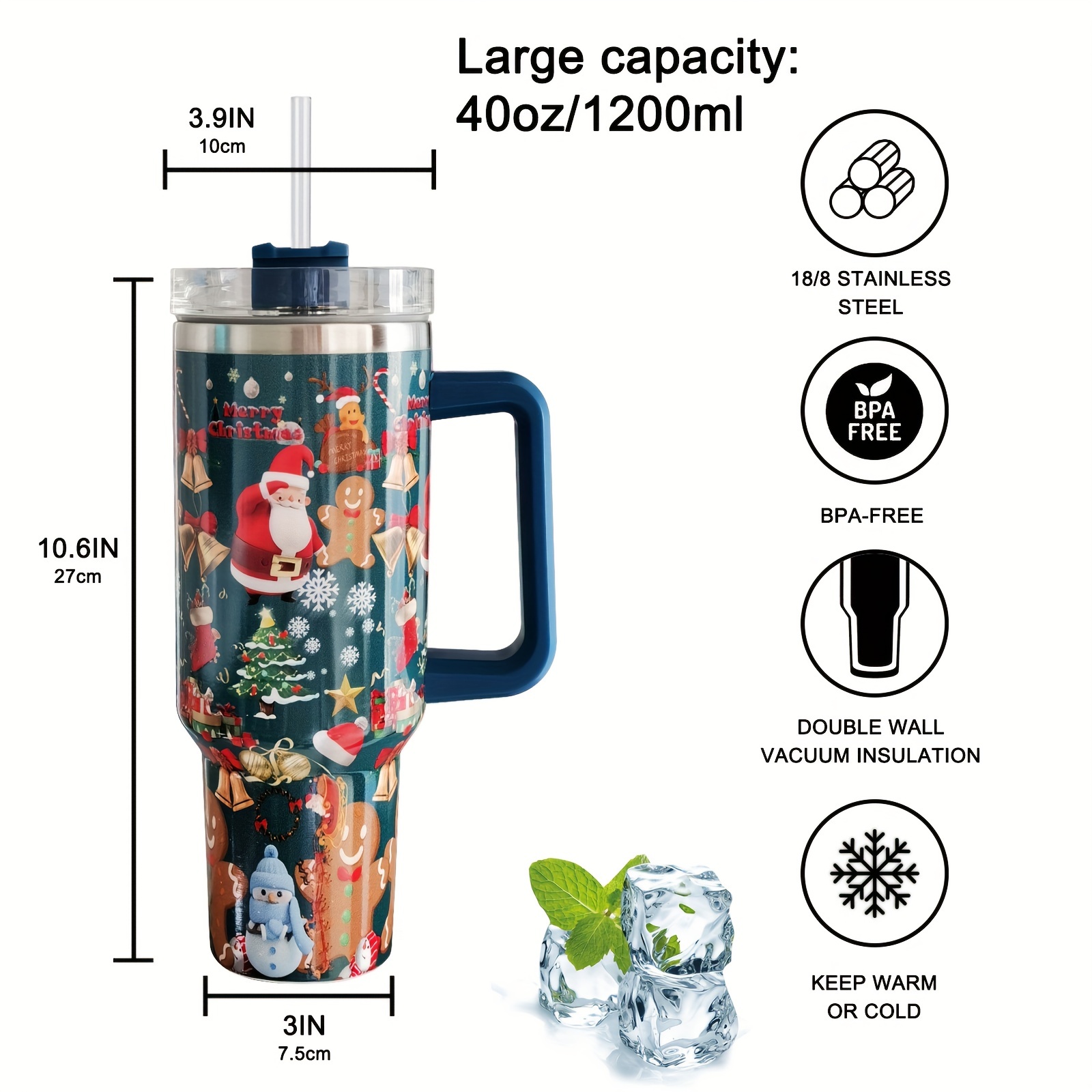 1pc 1200ml Stainless Steel Tumbler With Straw, Cute Cartoon Christmas  Pattern Travel Mug With Handle For Car And Outdoor Use