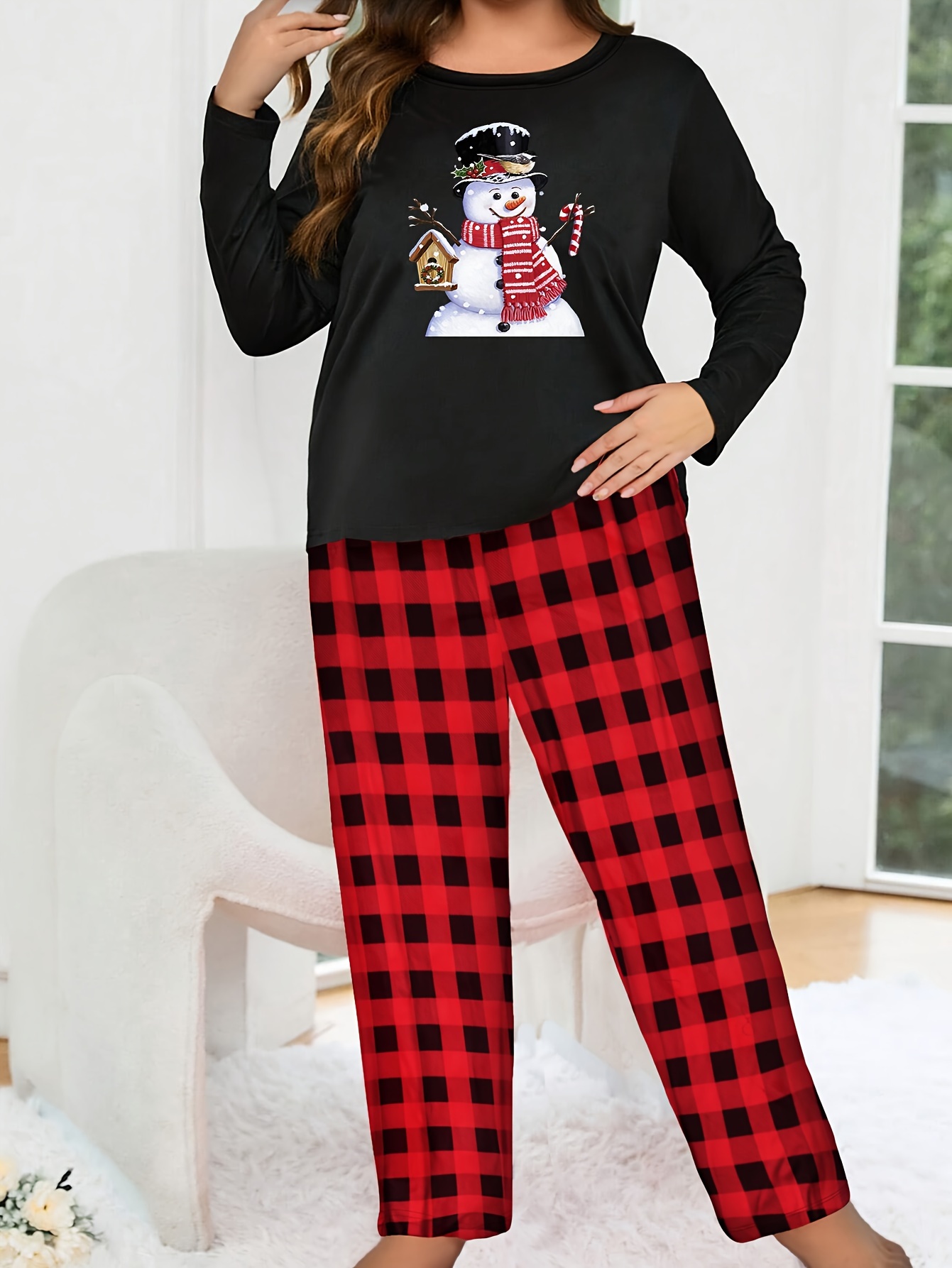 Plus Size Christmas Cute Pajamas Set Women's Plus Snowman - Temu