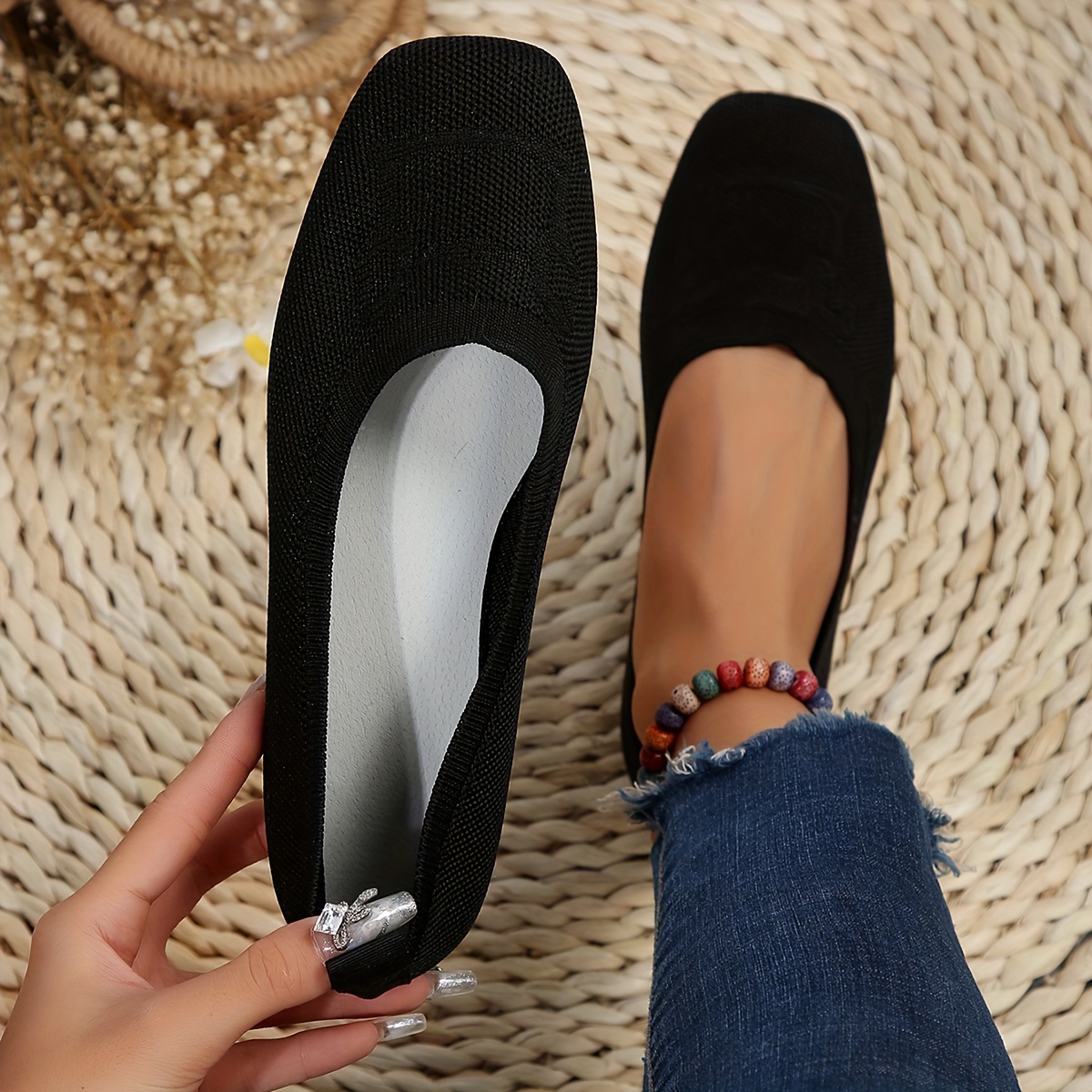 

Women's Square Toe Flat Shoes, Solid Color Soft Sole Slip On Shoes, Casual Breathable Ballet Flats