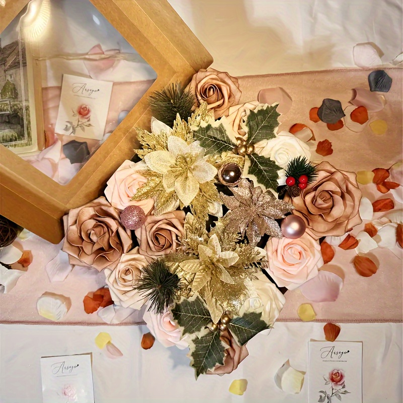 goldenes weihnachtsdekorations box set knstliche blumen diy - Temu Austria