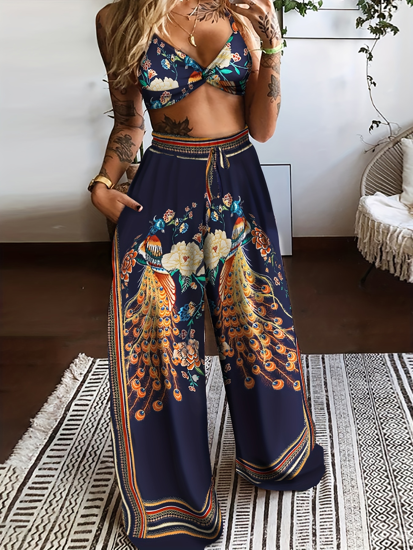 Women's 2 Piece Boho Summer Outfits Bohemian Floral Butterfly Print Sexy  Crop Tops Wide Leg Loose Palazzo Pants 2Pcs Set