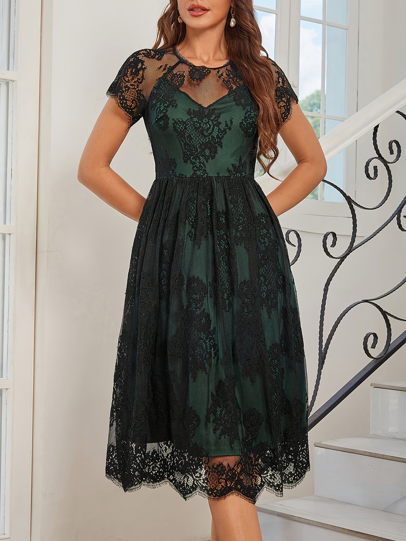 knee length dresses for ladies Sheer Lace Layering Dress in Mocha Medium main image 0