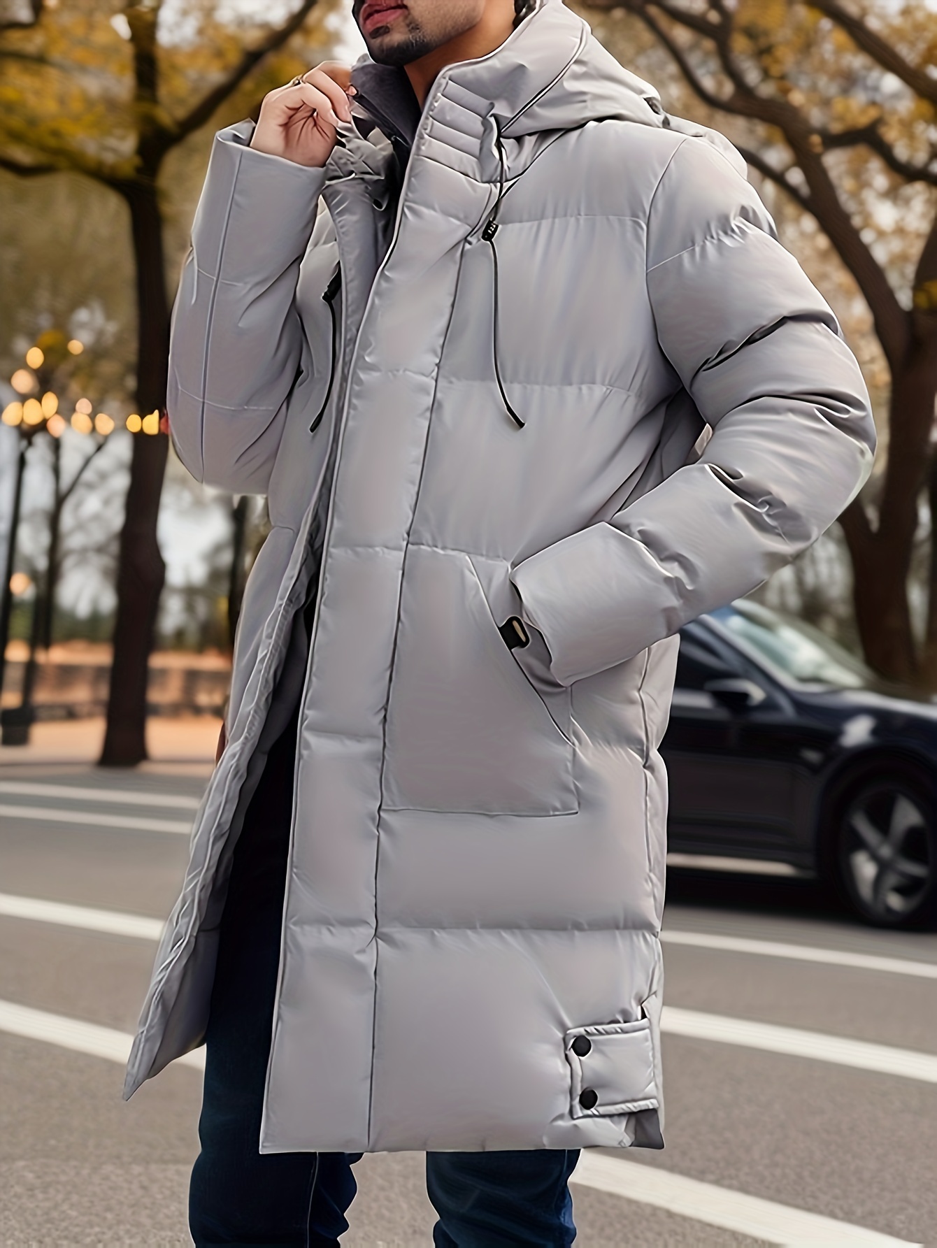 Men's Trendy Solid Puffer Coat, Casual Zip Up Hooded Jacket For Outdoor  Winter - Temu