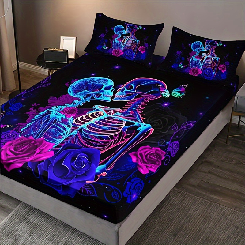3pcs fashion romantic fitted sheet set soft comfortable breathable color floral skull couple print bedding mattress protector set for bedroom   1 fitted sheet 2 pillowcases without core for halloween Product details 2