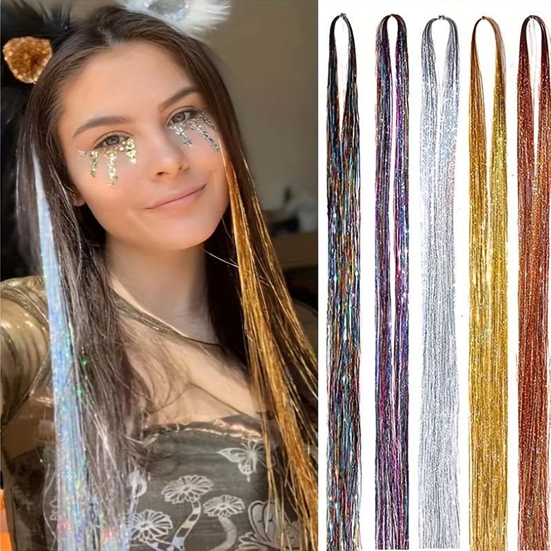 Hair Tinsel Kit with Tools 8pcs 1600 Strands Glitter Tinsel Hair Extensions, Human Hair Extensions Heat Resistant Highlights Sparkling Fairy Hair
