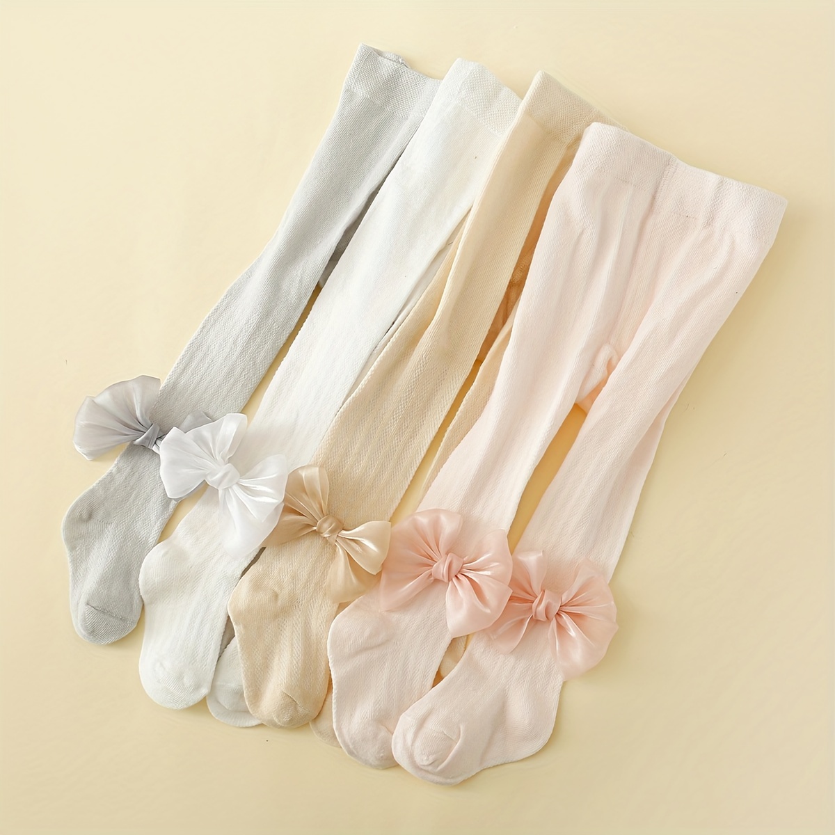 

4 Pairs Of Girl's Thin Pantyhose Floret With Bowknot, Solid Children's Toddlers Base Layer Fashion Leggings Pantyhose