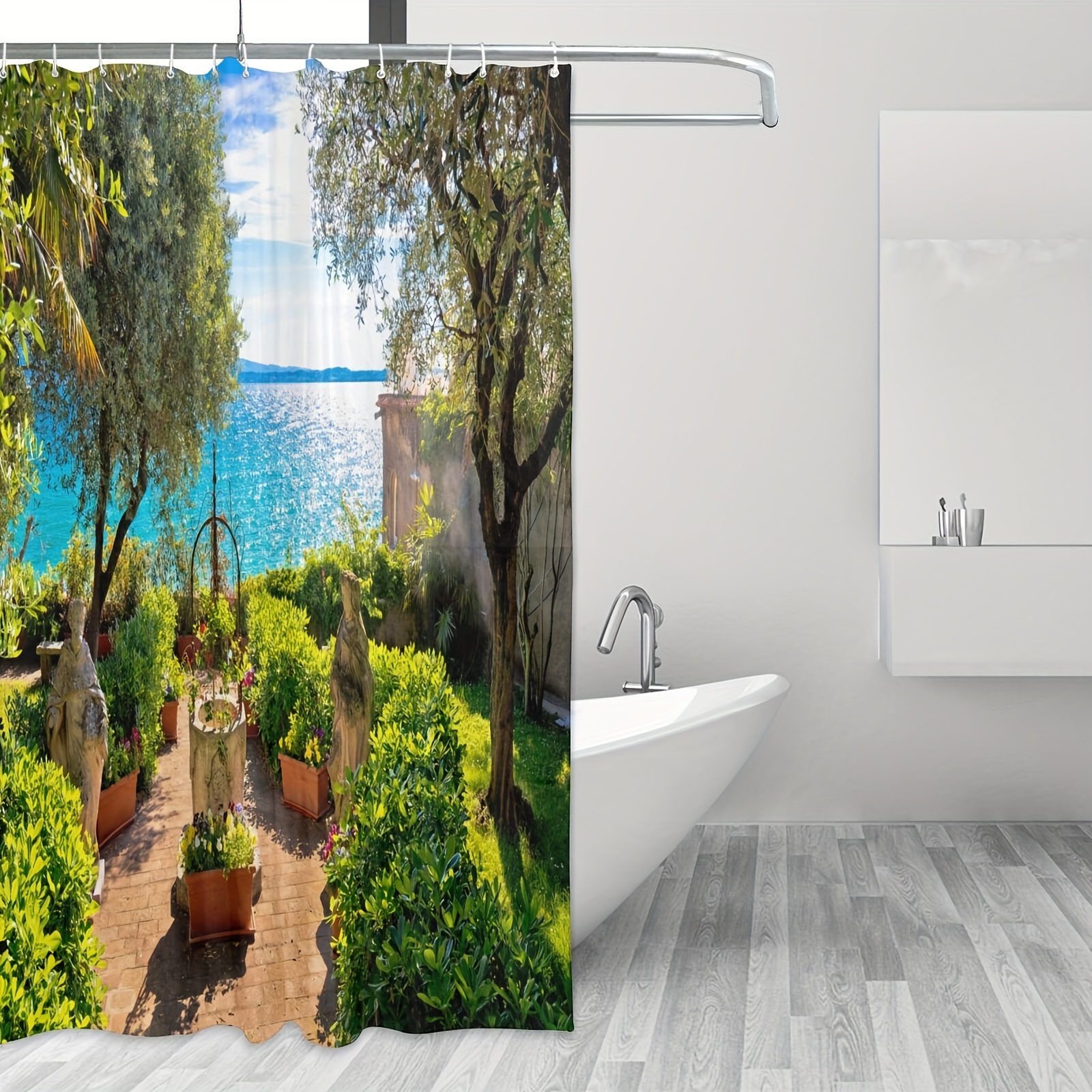 Seaside Garden Shower Curtain 3D Landscape with 12 Hooks