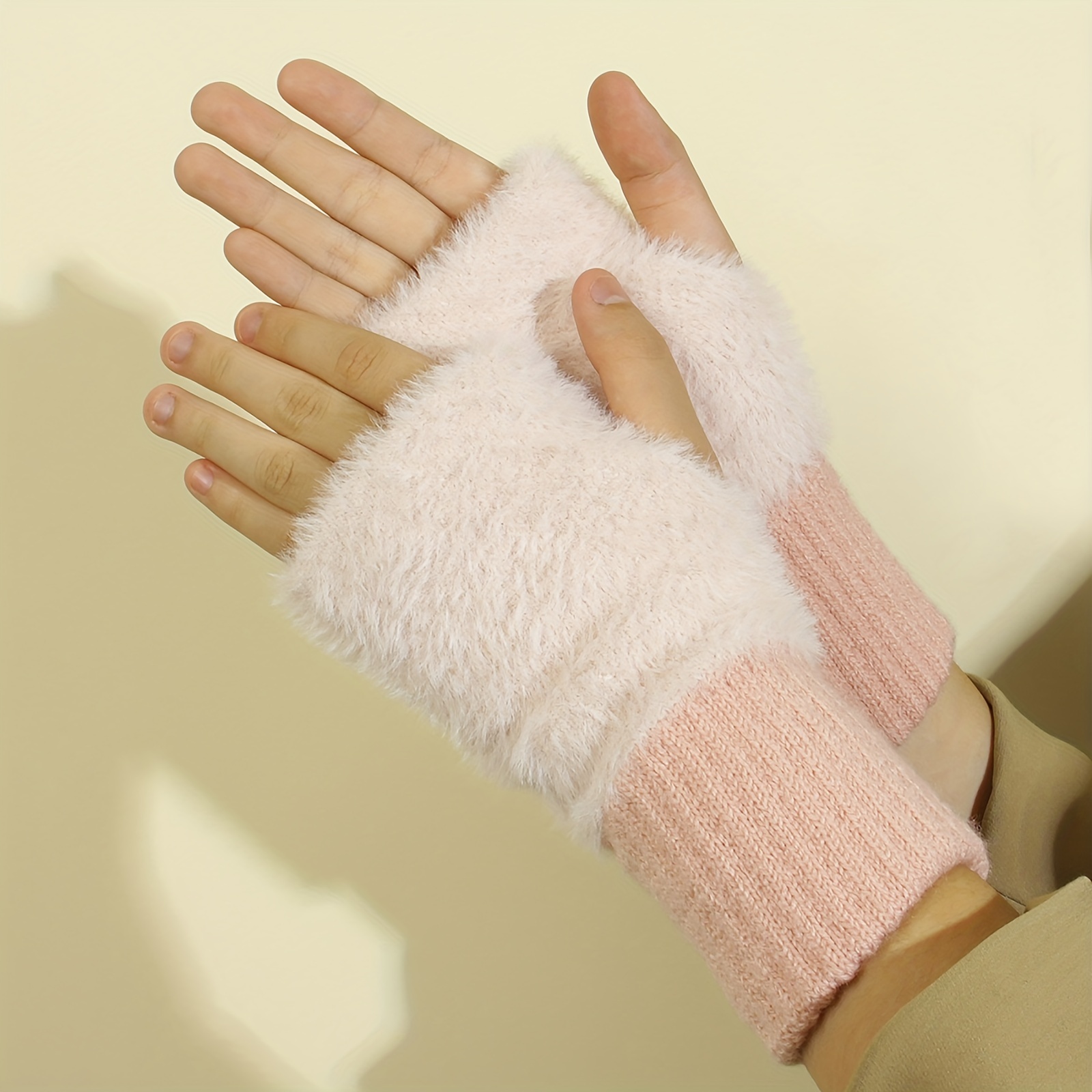 Biplut 1 Pair Women Gloves Half Finger Flip Fuzzy Solid Color Stretchy Keep  Warm Super Soft Autumn Winter Lady Writing Gloves for Going Out 