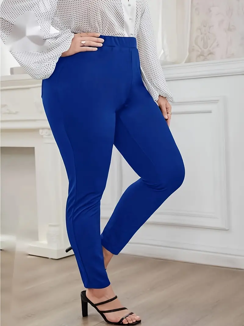 Plus Size Solid Pocket Leggings Casual High Waist Stretchy - Temu Mexico