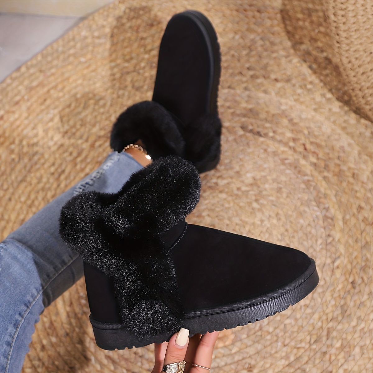 womens faux fur lined snow boots thermal slip on fluffy furry ankle boots winter warm outdoor flat shoes details 9