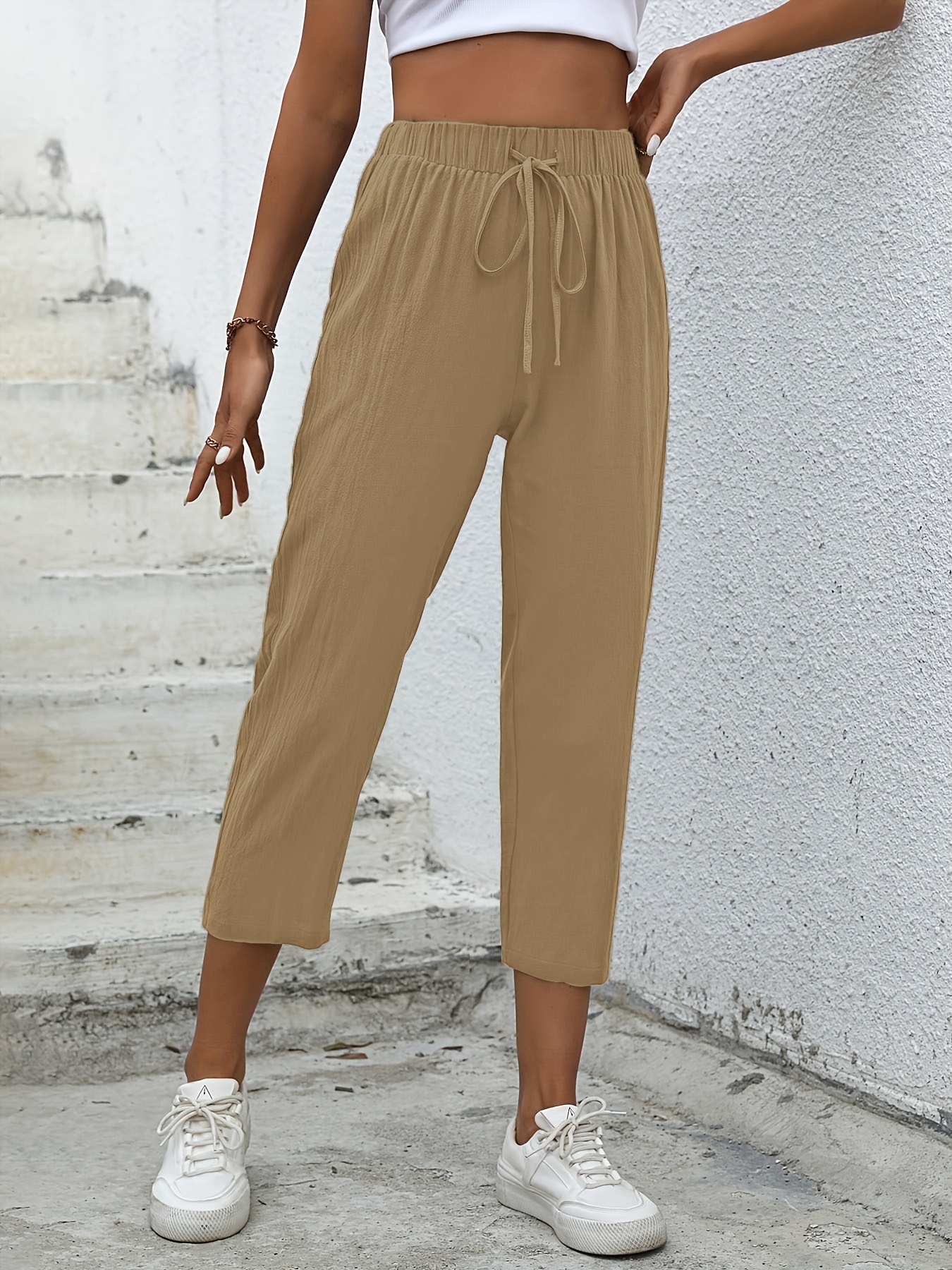 Solid Cropped Carrot Pants, Casual Drawstring High Waist Pants, Women's  Clothing - Temu Bahrain
