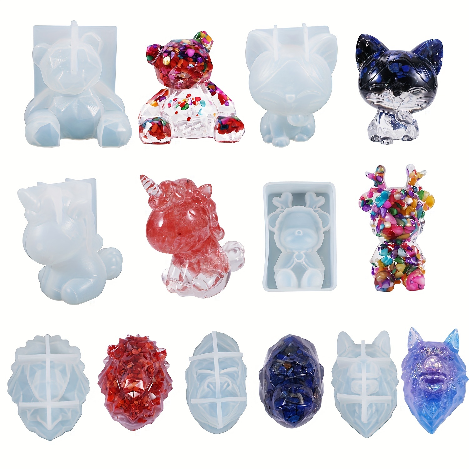 

7pcs/set 3d Animal Resin Molds, Epoxy Resin Silicone Molds, Large Clear Unicorn/bear/cat/lion/wolf/orangutan/deer Epoxy Silicone Molds For Diy Resin Craft Home Decor