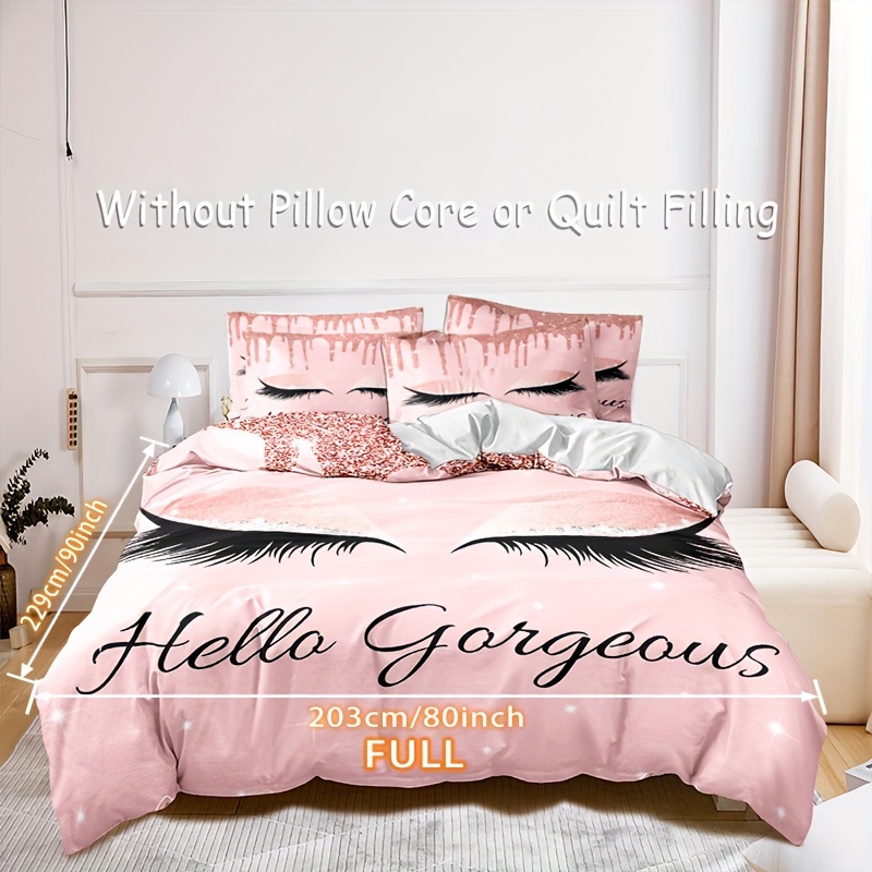 TEMU 3pcs Soft And Comfortable Pink Eyelashes Print Duvet Cover Set For Bedroom And - Includes 1 Duvet Cover And 2 Pillowcases (core Not Included)
