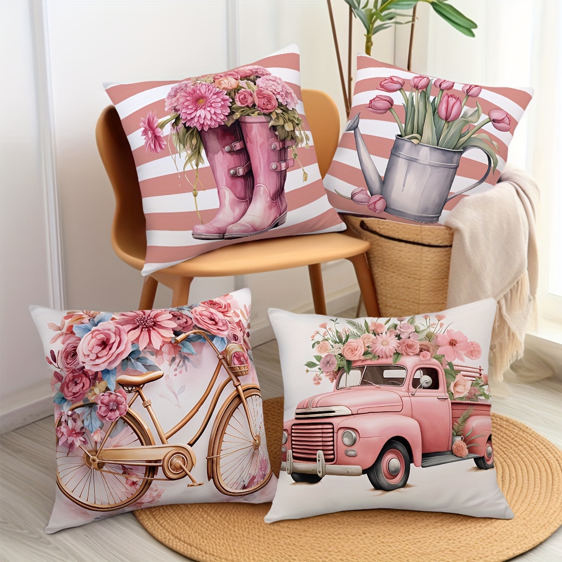 

4pcs Set Pink Rose & Bicycle Watercolor Throw Pillow Covers - Soft Velvet, Zip Closure, Machine Washable - Living Room, Bedroom, Sofa Decor (no Insert)