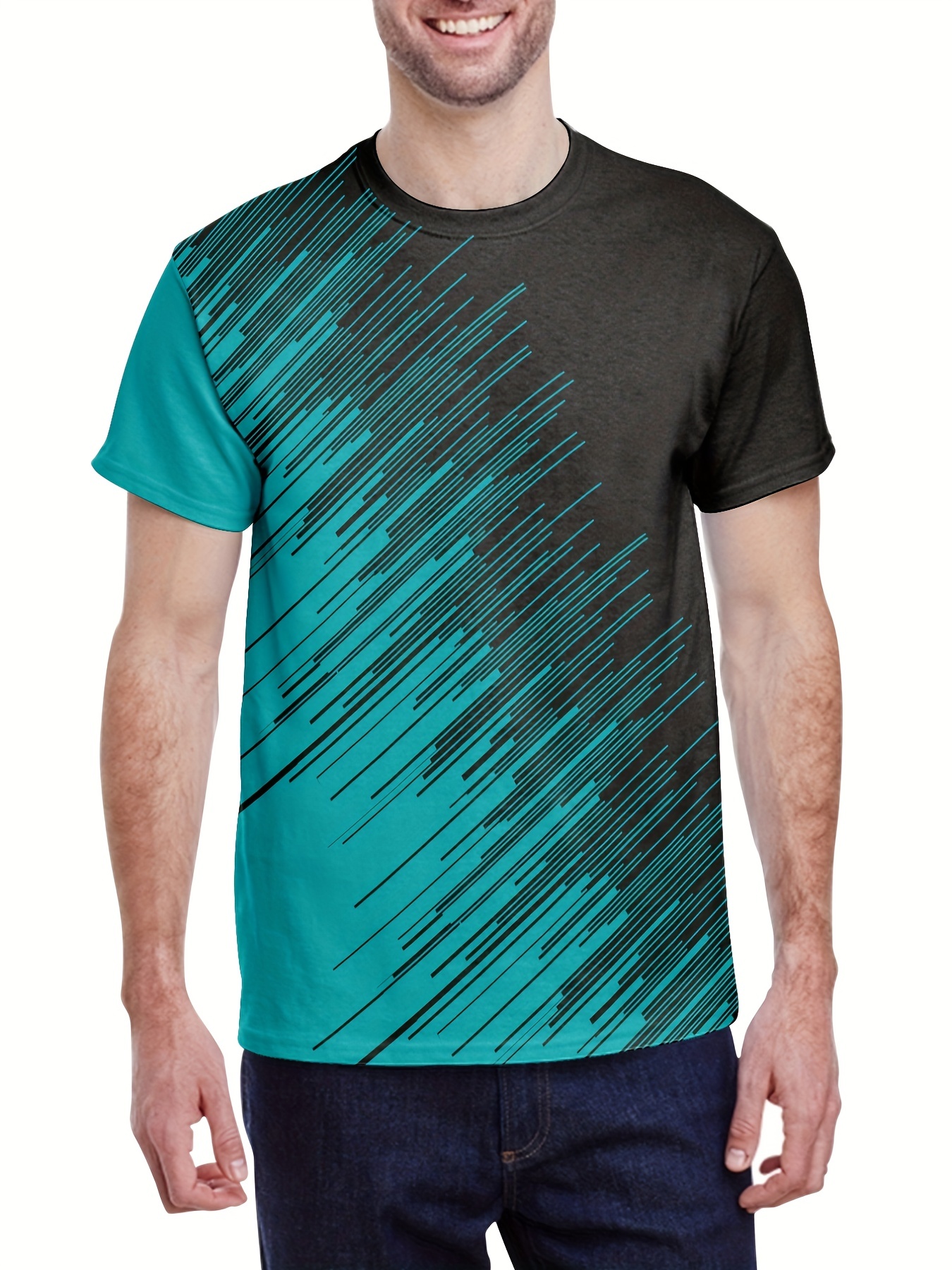 Plus Size Men's Casual Graphic Tees For Summer, Blue And Black
