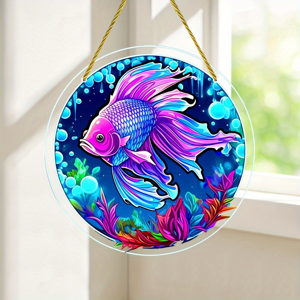 1pc Round Acrylic Sign, Betta Fish Sun Catcher, Betta Fish Garland Hanging  Decorative Sign, Purple Betta Fish Window Sunshade, Garland Sign