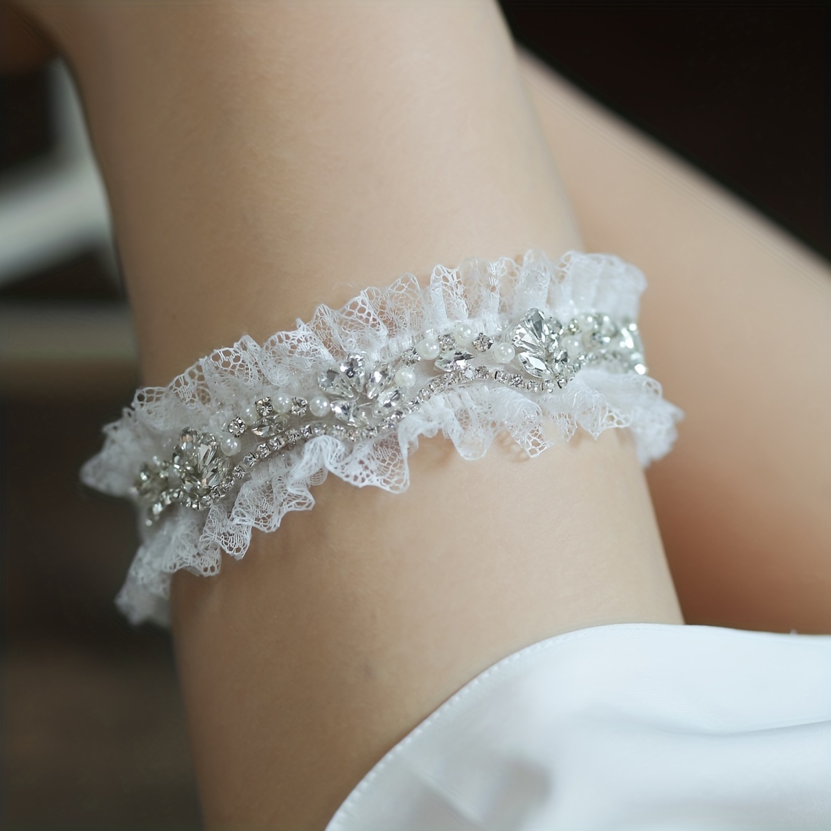 White Lace Garter Belt Inlaid Faux Pearl Crystal Sexy Leg - Temu