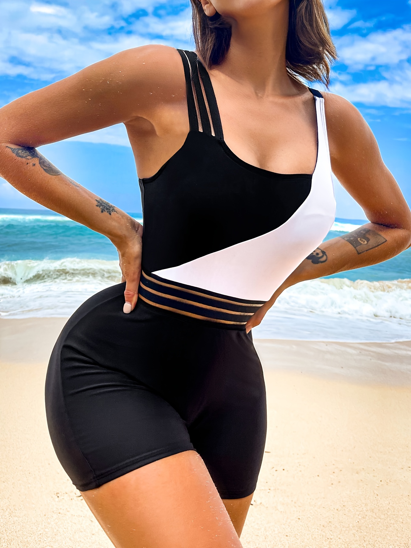 Contrast Mesh Swimsuit V Neck Solid Color Backless - Temu Canada