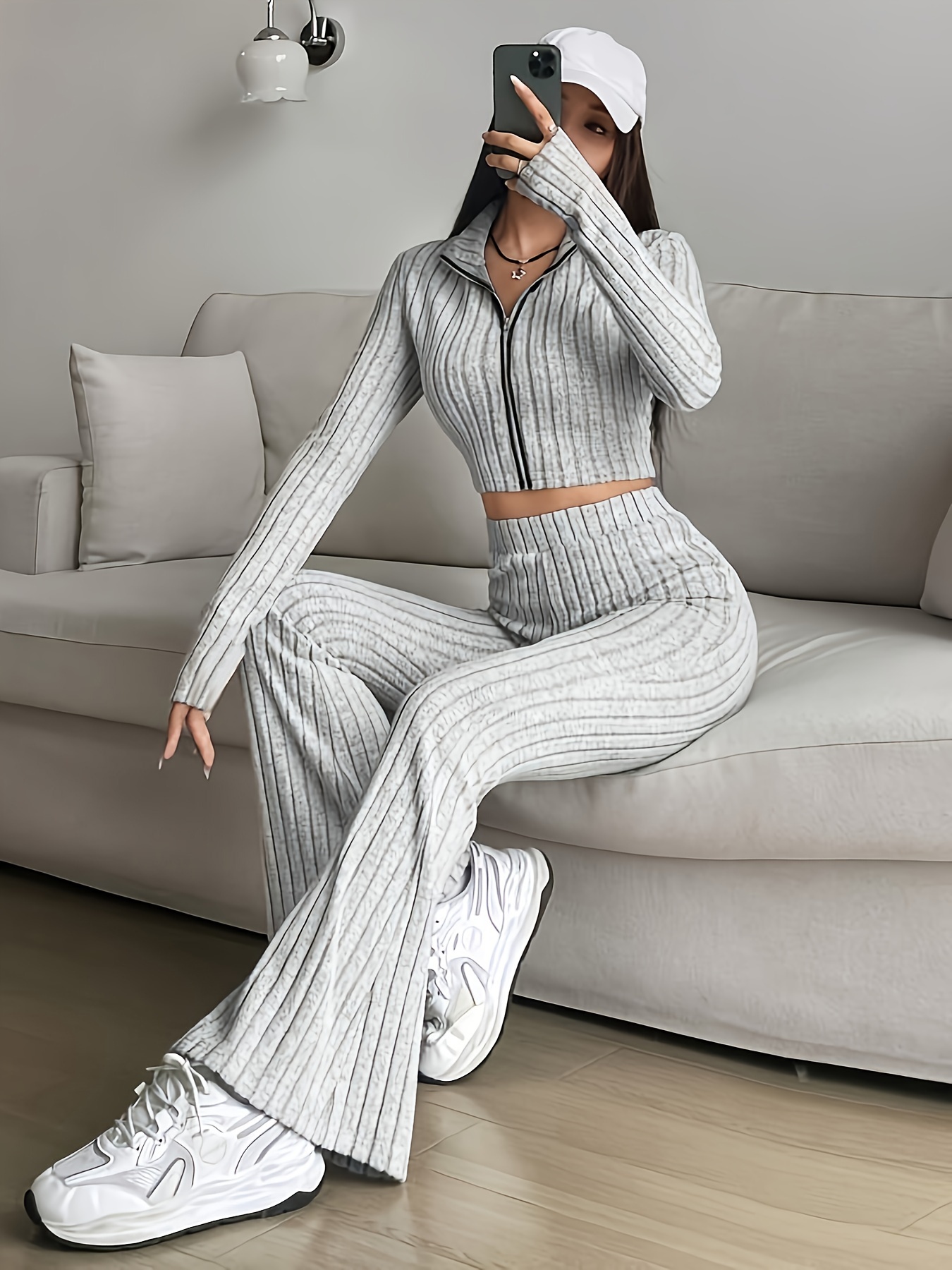 Solid Casual Two piece Set Surplice Neck Long Sleeve Tops - Temu