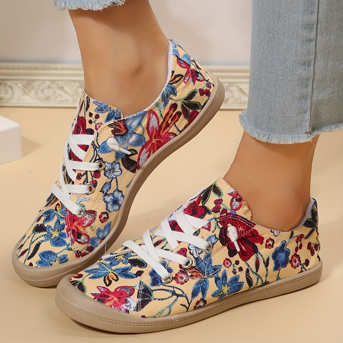 Women's Flower Pattern Canvas Shoes Casual Lace Flat - Temu Portugal