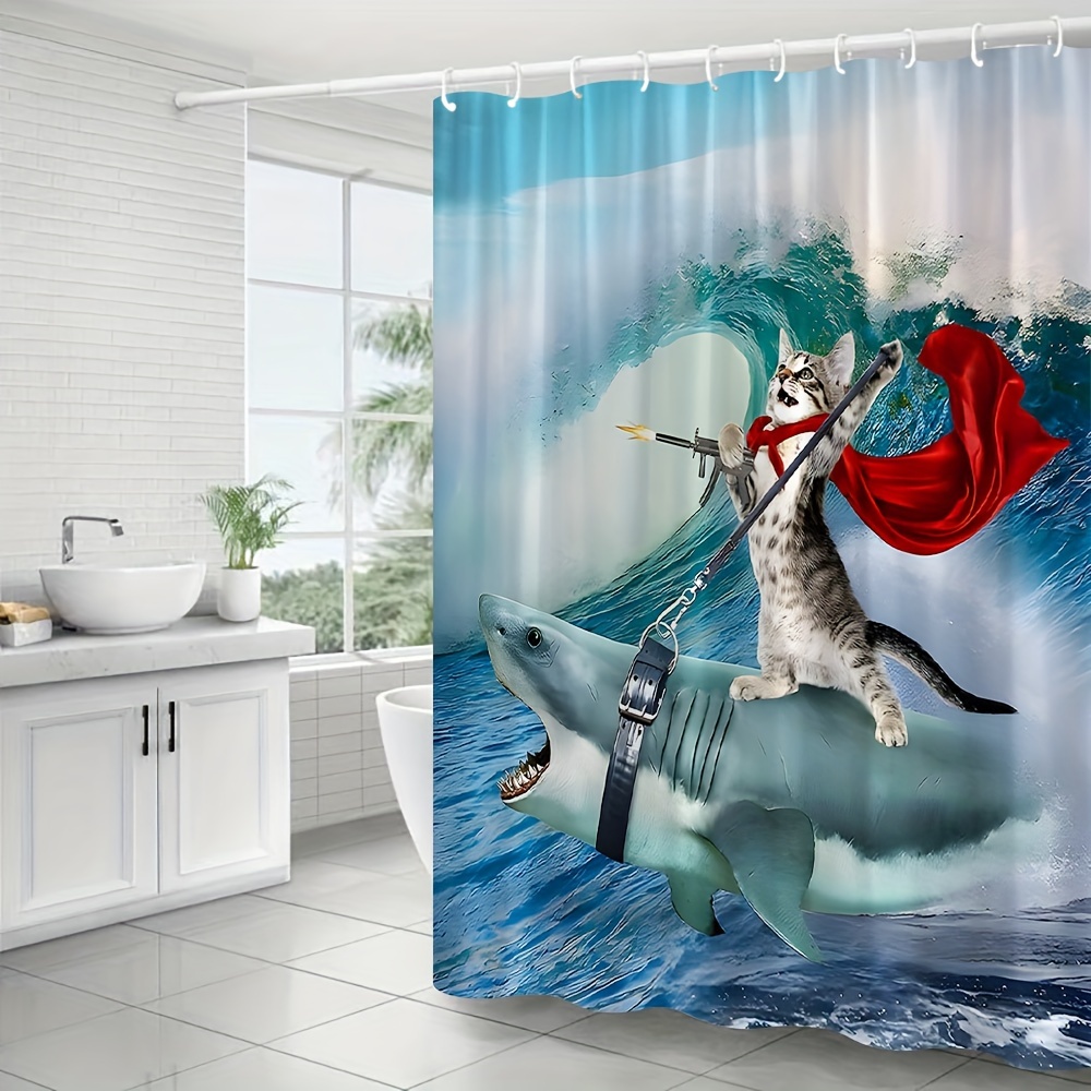 Funny Animal Shower Curtain Cat And Shark Wave Creative - Temu Malta