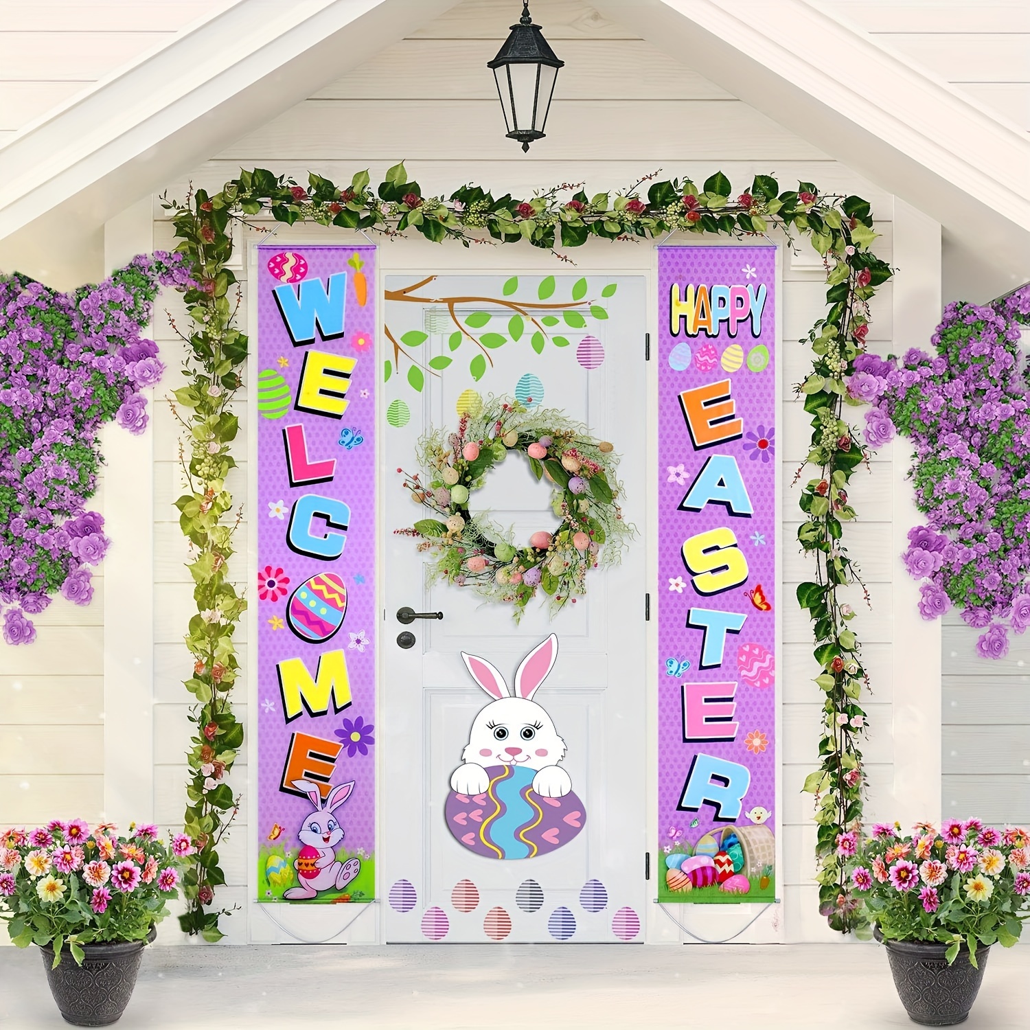 2pcs happy easter decoration 11 8x70 8 inch cute pink rabbit holding egg with flowers and colored eggs decoration banner easter porch supplies sign welcome easter poster door hanger for spring outdoor easter door decoration party background
