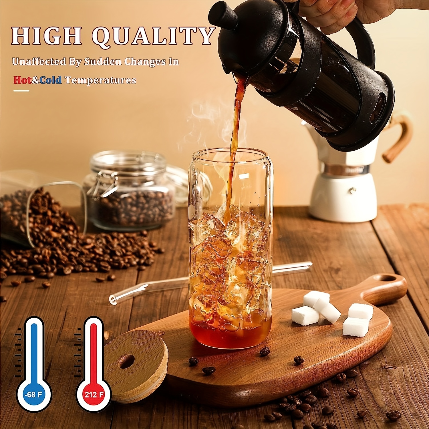 Drinking Glasses with Bamboo Lids and Glass Straw 16oz Can Shaped Glass Cups, Beer Glasses, Iced Coffee Glasses, Size: One size, Clear