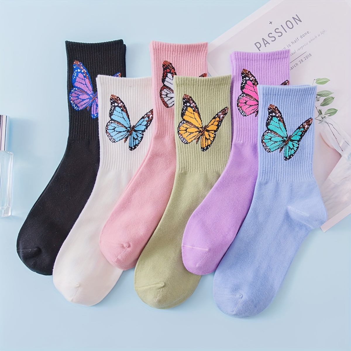 

6 Pairs Butterfly Print Socks, Comfy & Breathable Mid Tube Socks, Women's Stockings & Hosiery