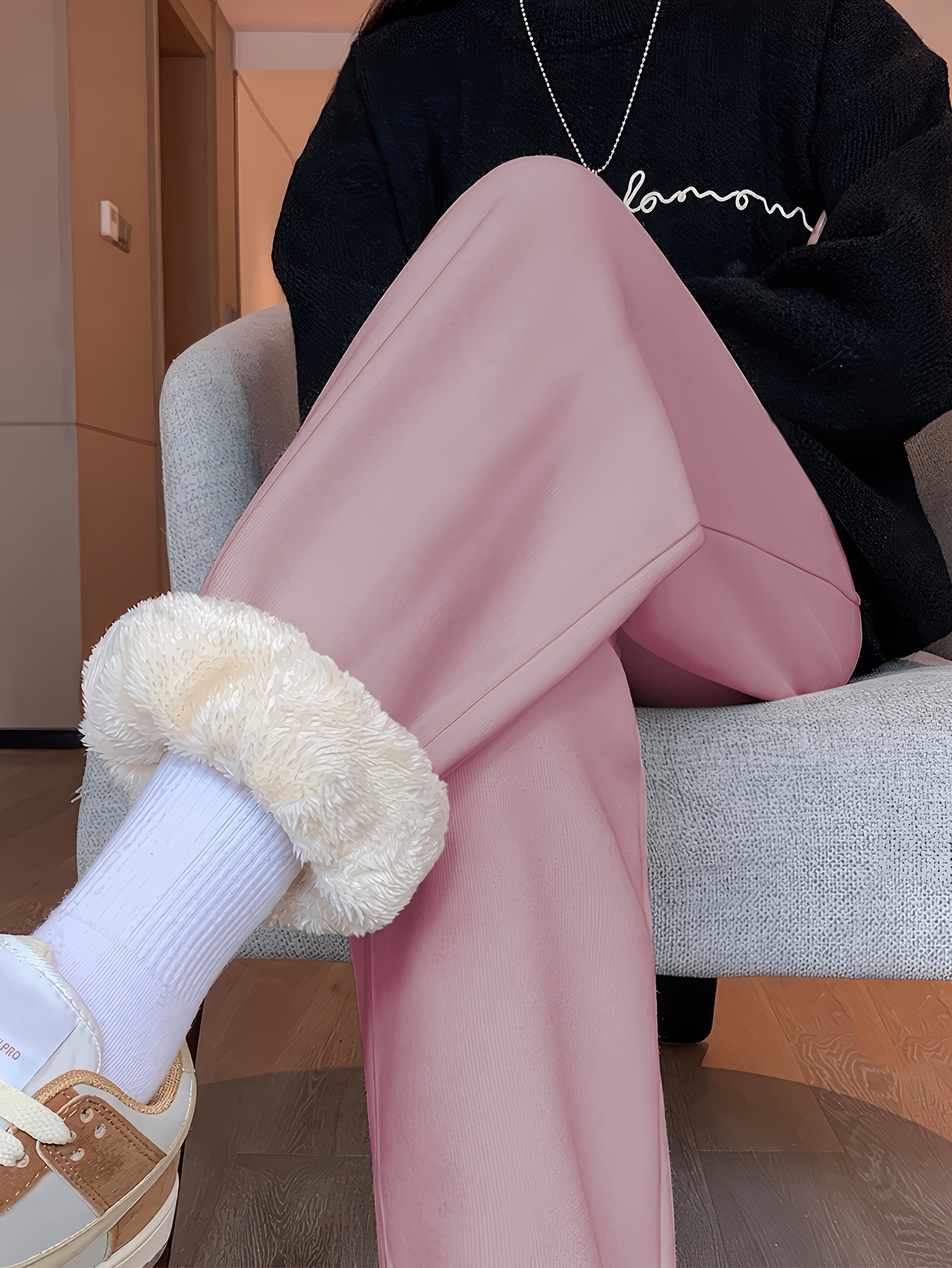 Solid Fleece Straight Leg Pants Casual High Waist Thermal - Temu Canada