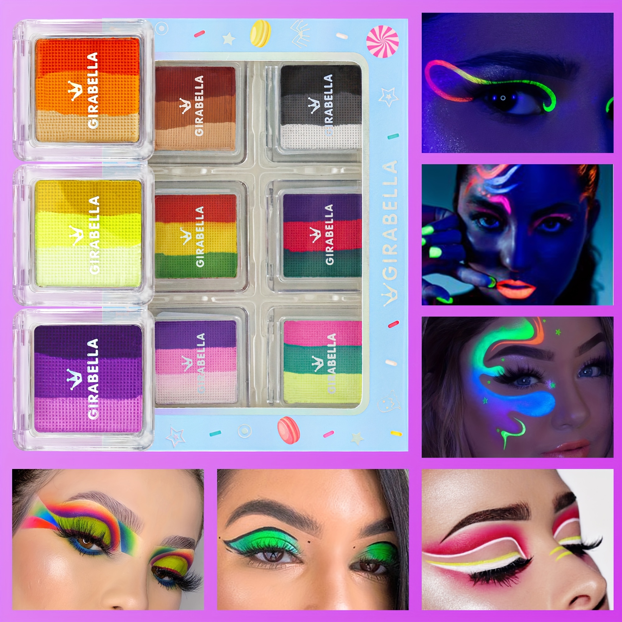 WNG Neon Makeup Set Rainbow Colorful Body Paint Smudgeproof Eyeliner  Eyeshadow Face Painting Black Light Glow Fluorescent Kit for Christmas  Party Makeup 