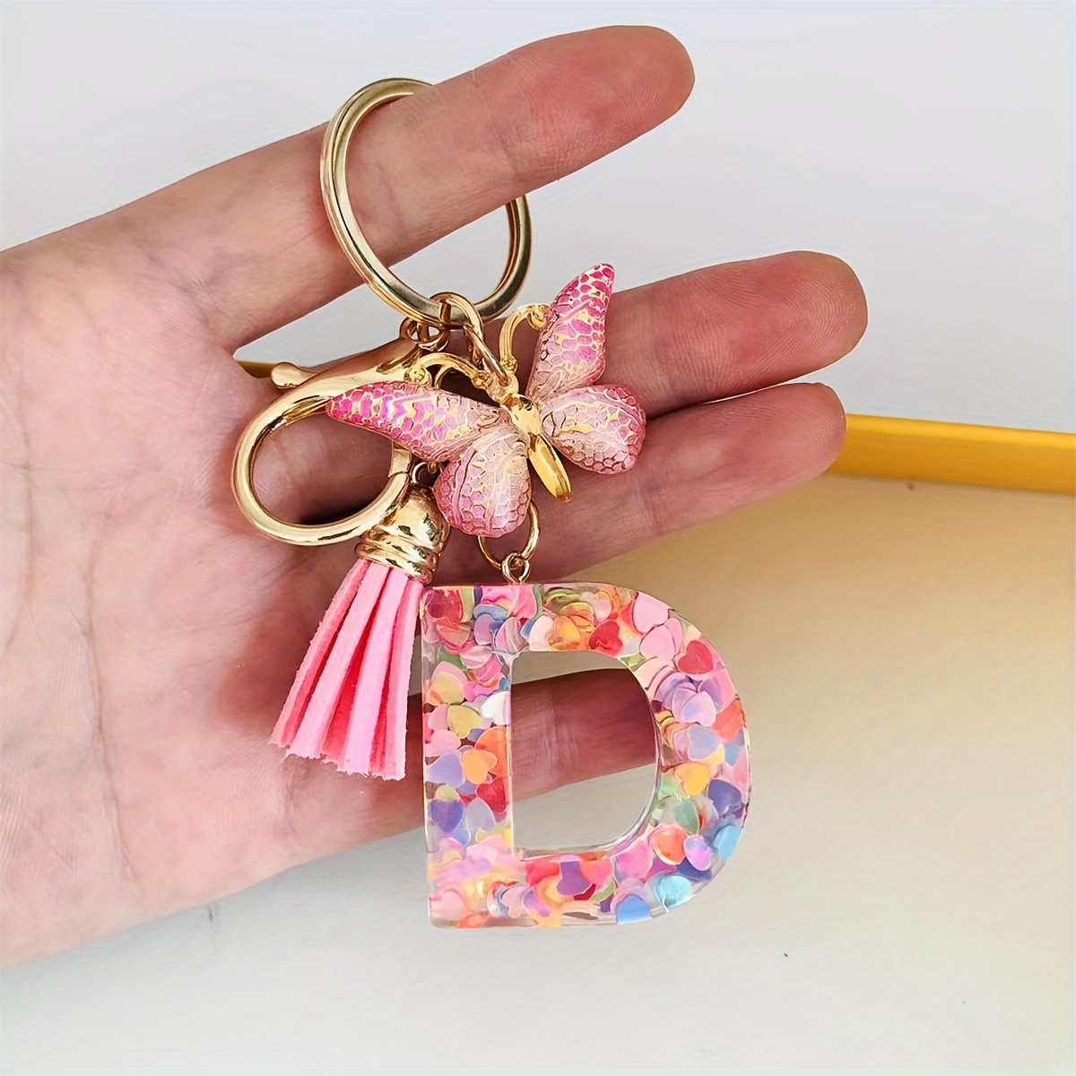 Tassel Letter Keychain Resin Key Holder Women Butterfly Key Chain for Car  Keys (C Letter) 