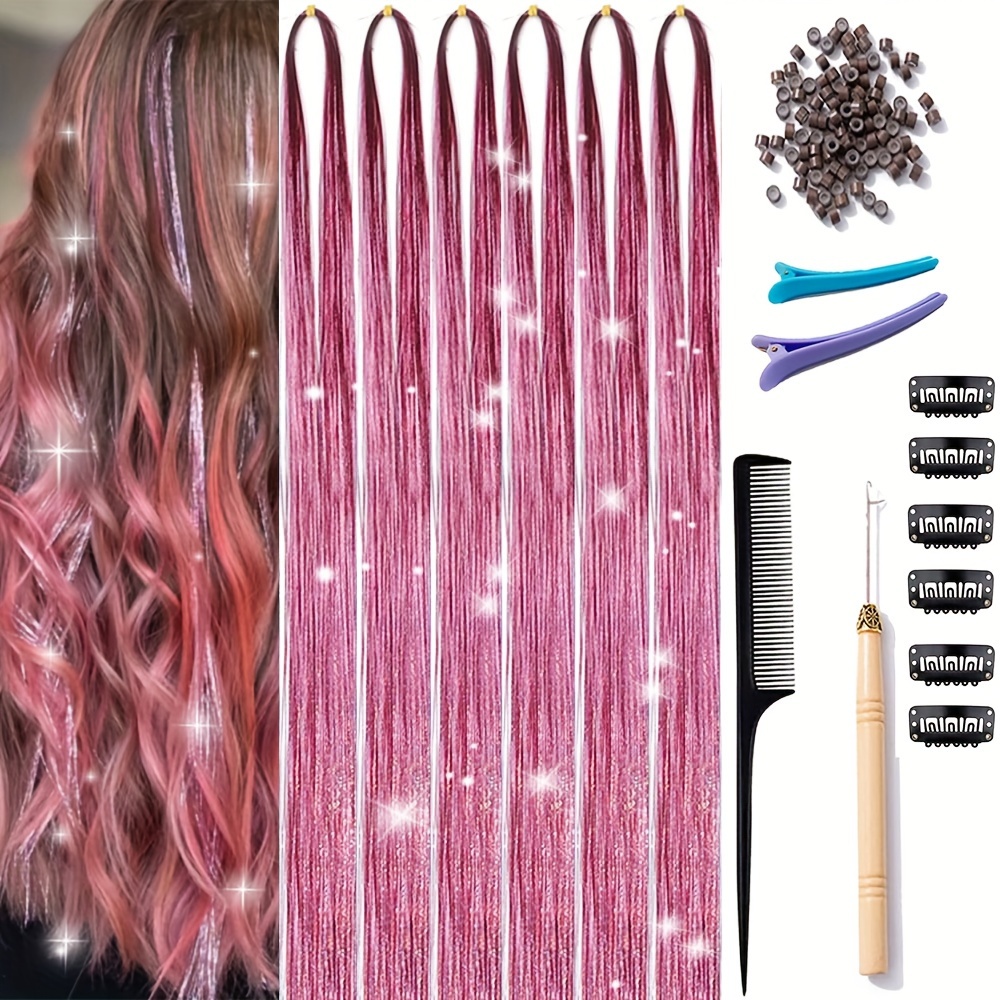Pink Hair Tinsel Kit Strands, Fairy Hair tinsel kit in Hot Pink Hair  Extensions with beads and loop tool (Hot Pink)