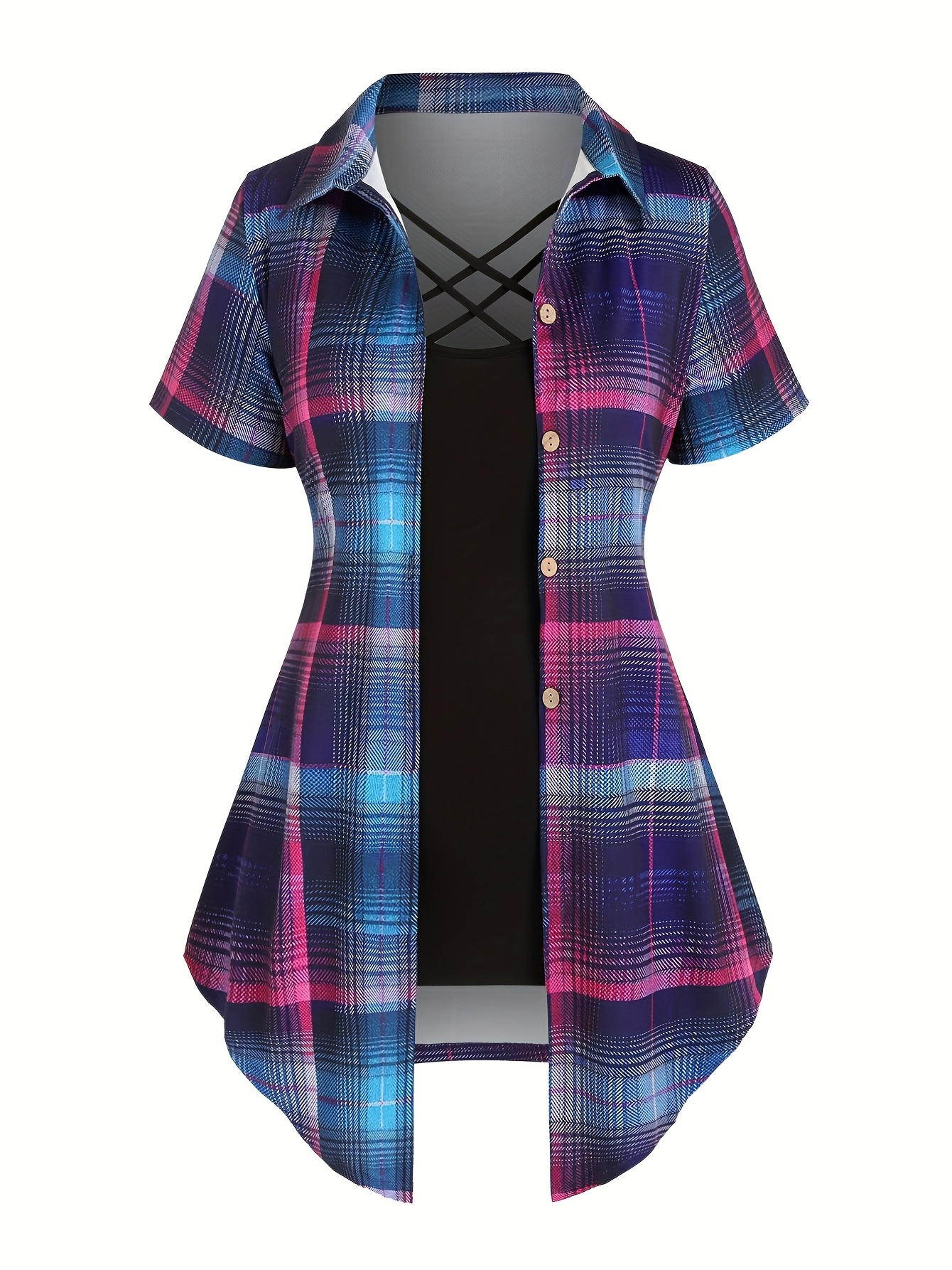 Casual Summer Two-piece Set, Plaid Print Button Front Shirt
