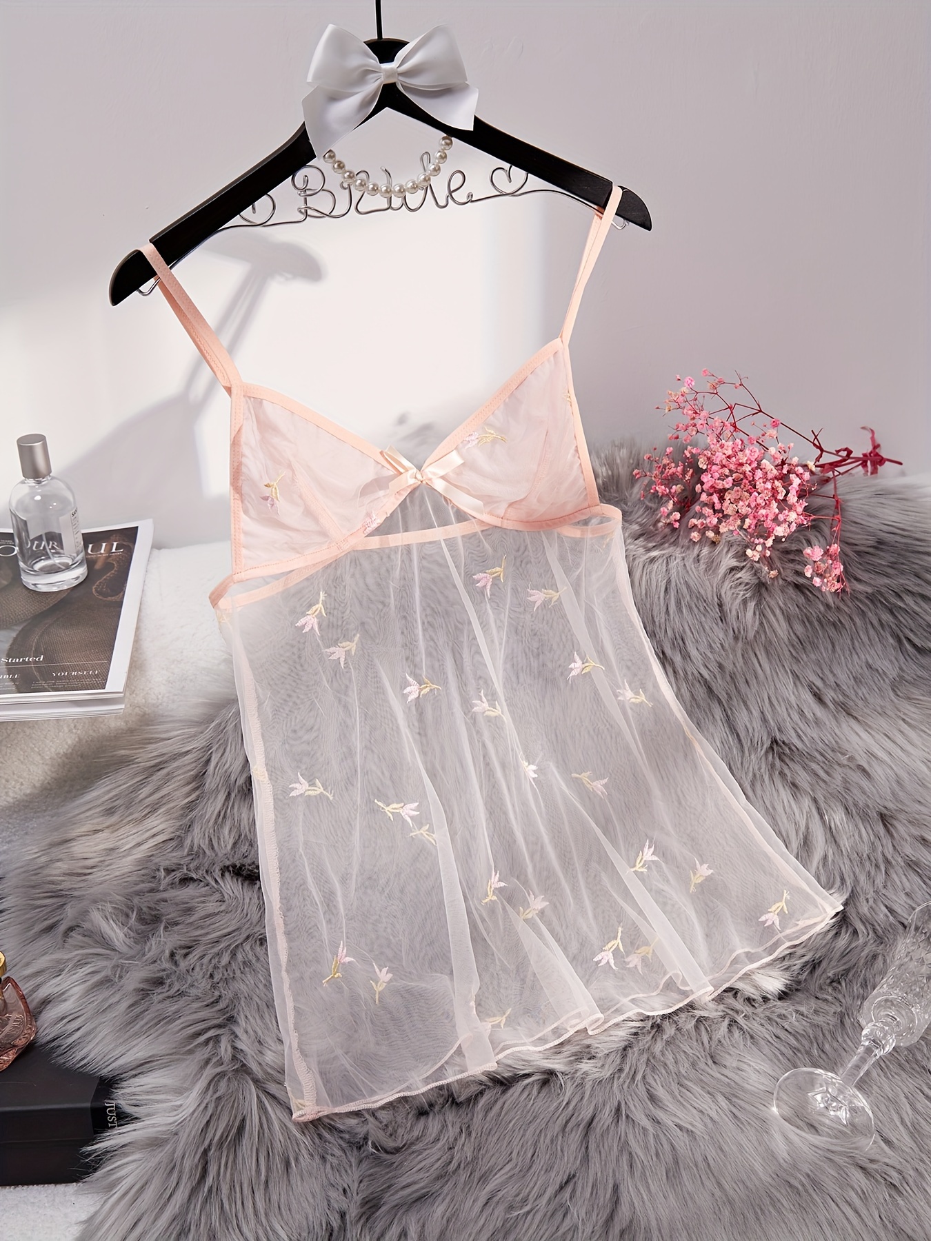 Women Floral Lace Nightgown Sheer See Through V Neck Night Dress