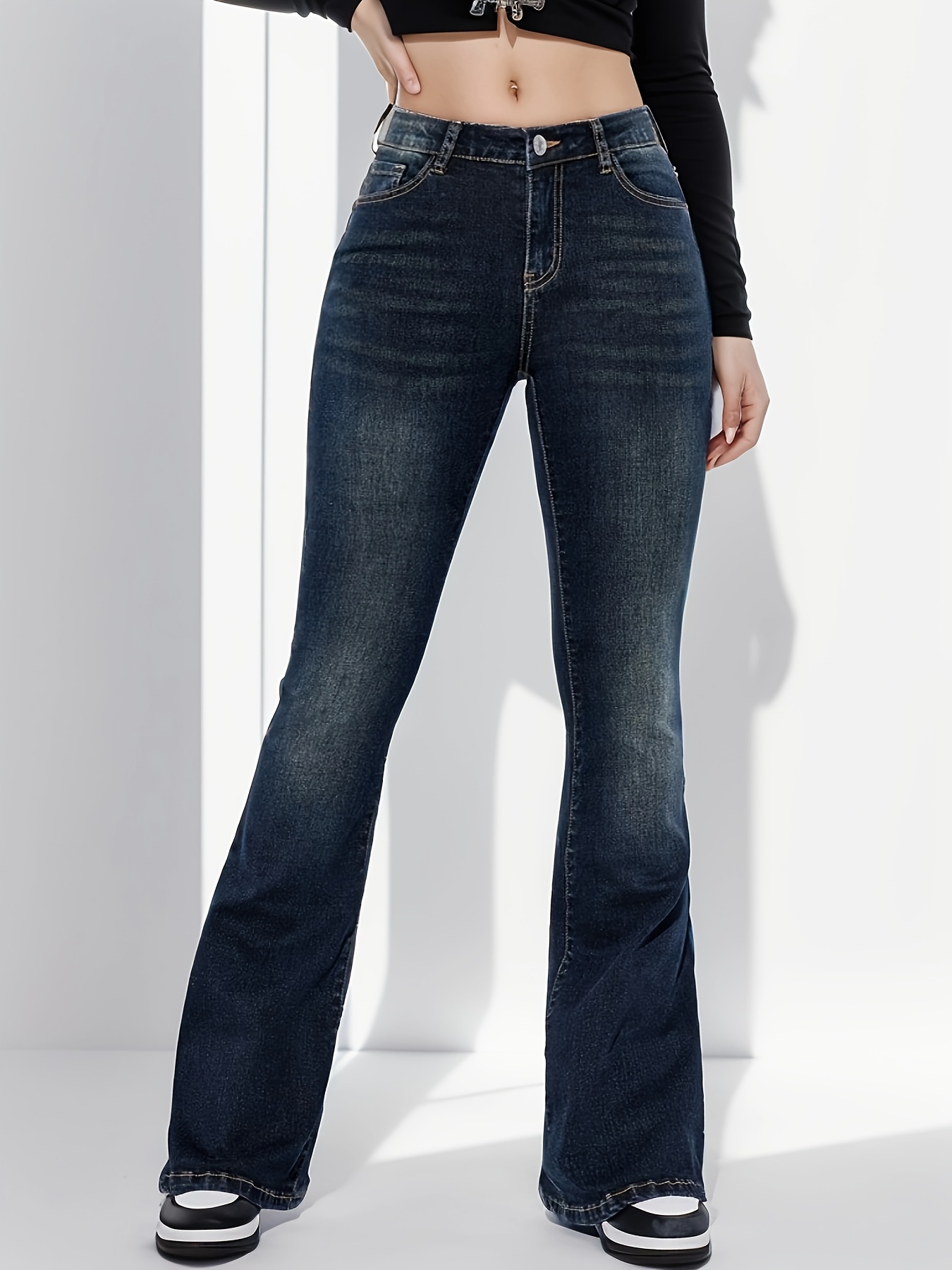 Navy Blue Fashion Bell Bottom Jeans High Stretch Slim Fit - Temu