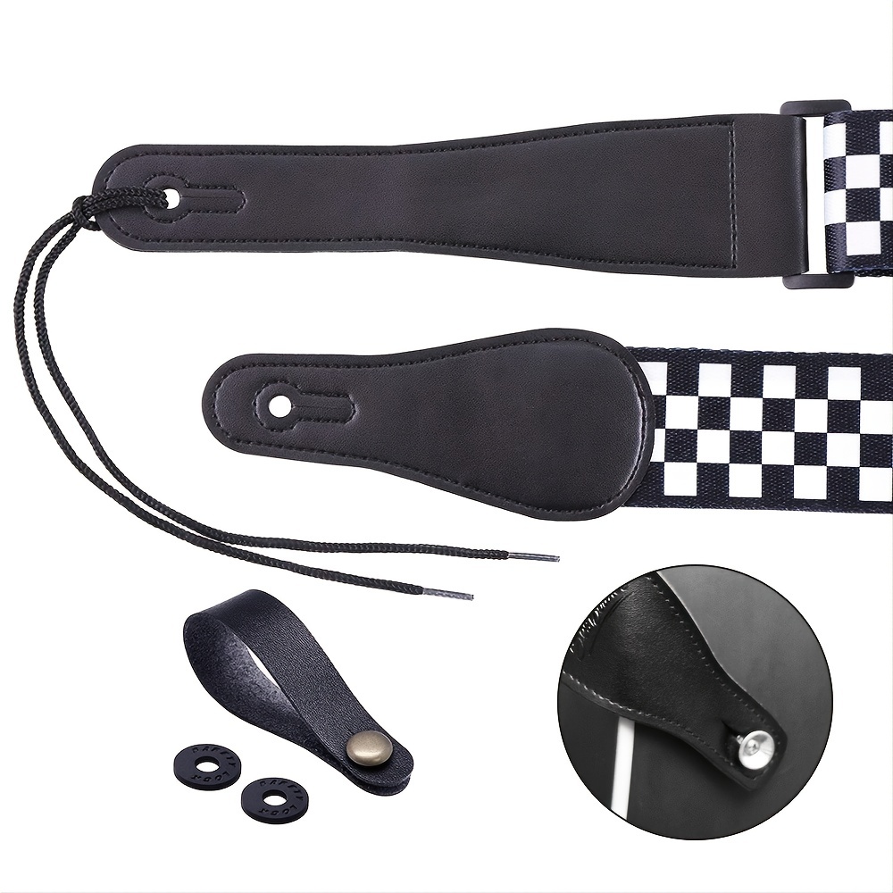 Guitar Strap, Bass Guitar Strap, Electric and Acoustic Guitar Straps -  Durable Nylon Checkered Guitar Shoulder Strap with Leather Ends (Black and