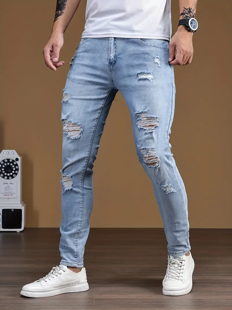 Slim Fit Ripped Jeans Men\'s Casual Street Style Distressed - Temu