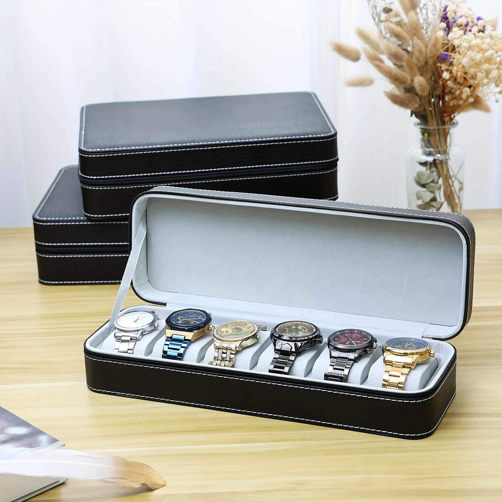 Watch Box Portable Travel Zipper Pu Leather Storage Case - Temu