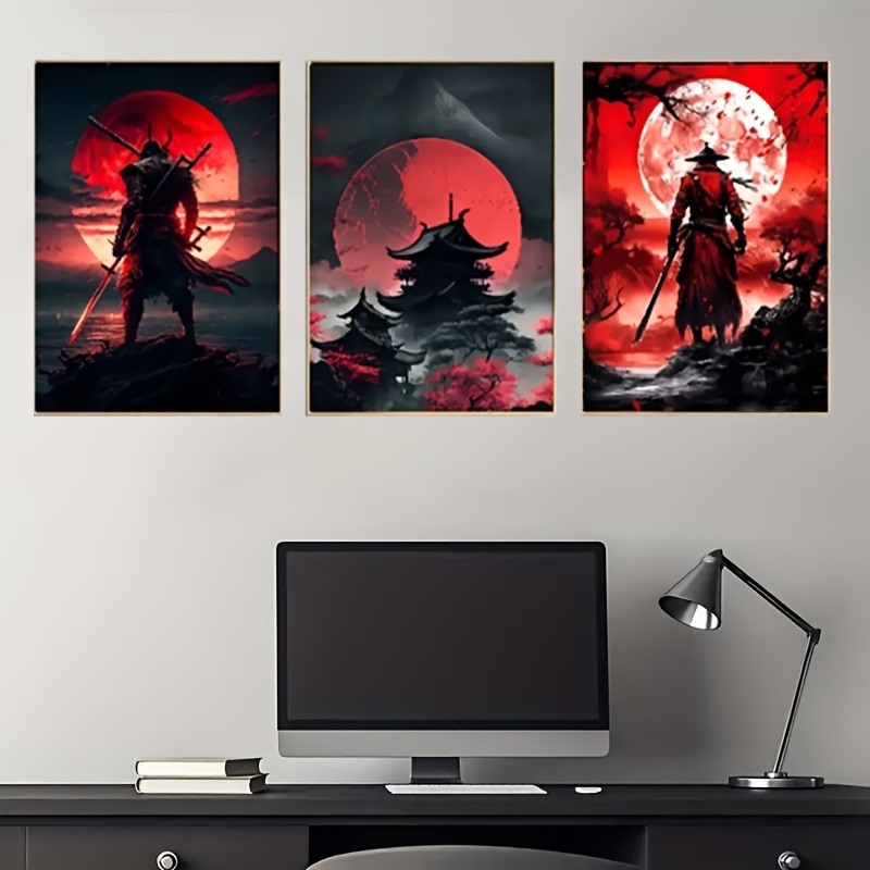 

3pcs Japanese Samurai Paintings, Character Posters And Prints, Red Moon In Architectural Wall Art, Black Room Bedroom (12 "x16" X3) Without Frame Eid Al-adha Mubarak