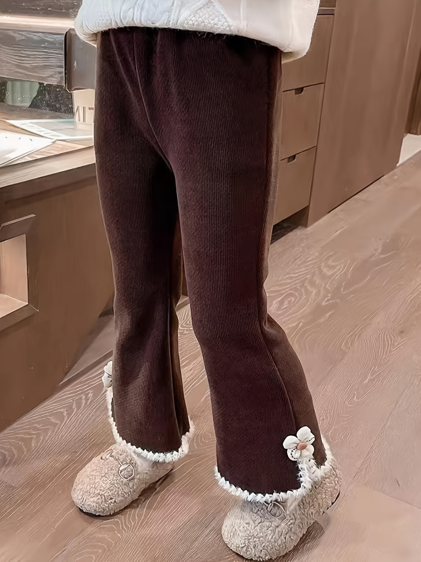 Girls Flower Kit Decor Thermal Line Warm Pants Winter Split Hem Flared  Trousers