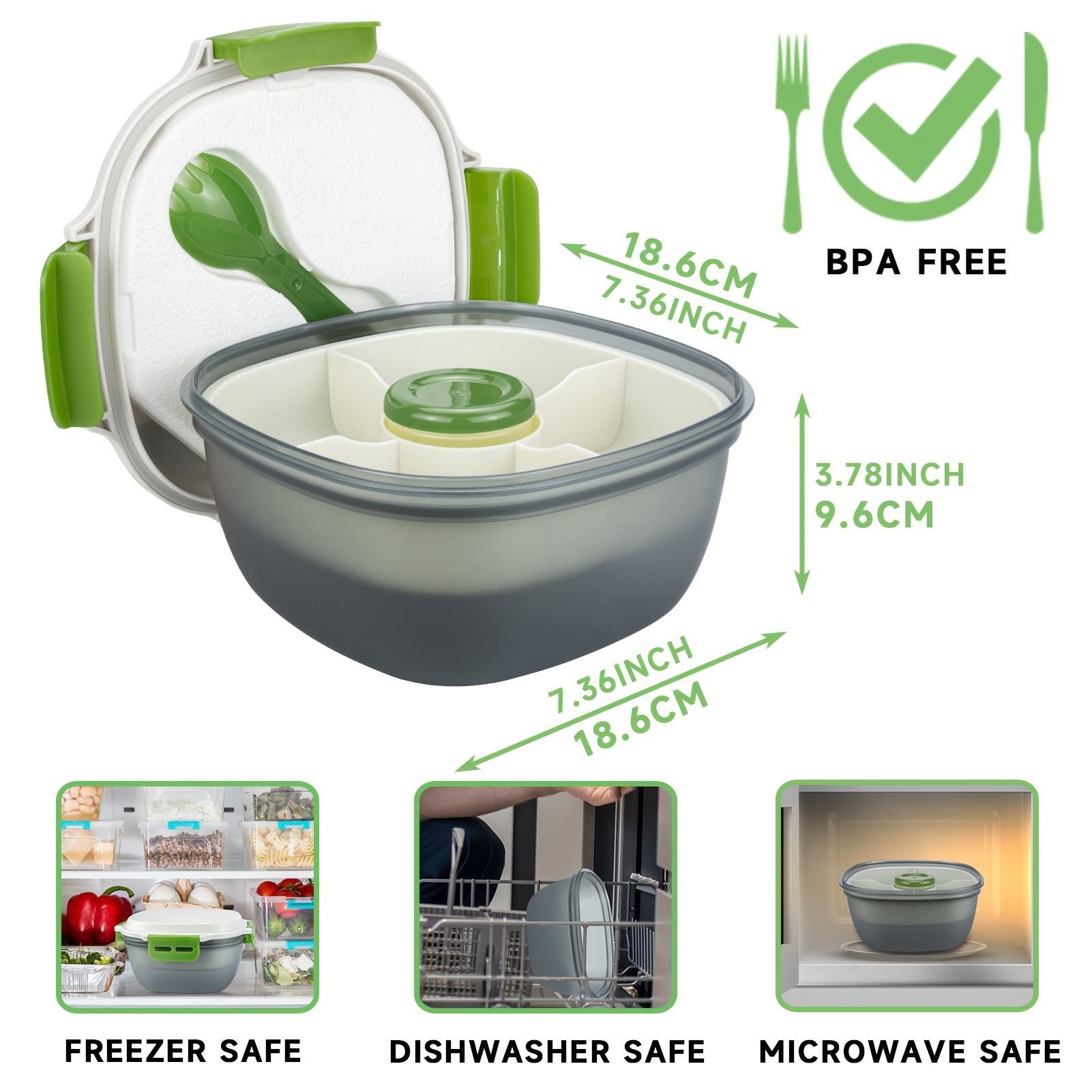 FITHOME Bento Box with Built-In Ice Pack and Fork,1.2L Leakproof & Reusable  Lunch Containers for Adults, Salad Lunch Container with 4 Compartment Tray